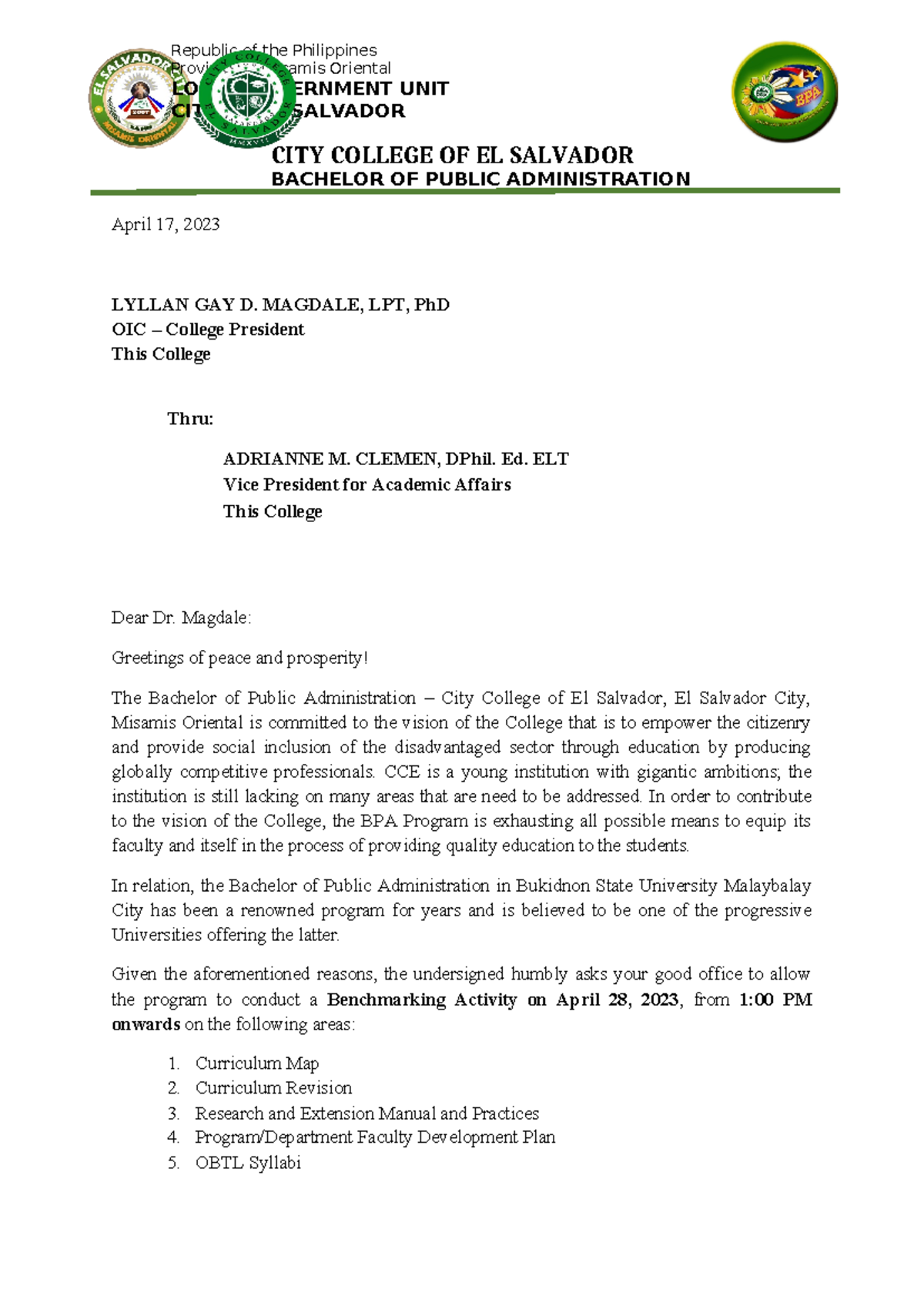 Benchmarking-letter-final - Republic of the Philippines Province of ...
