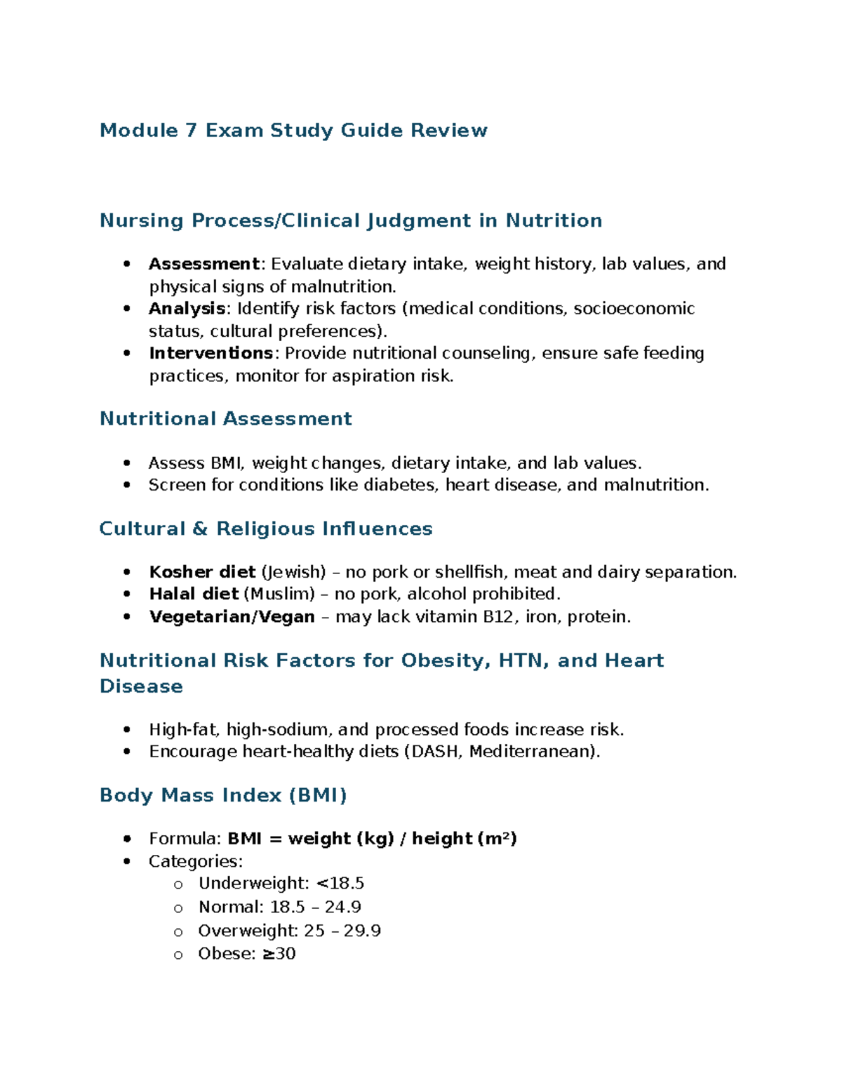 Module 7 exam review - Module 7 Exam Study Guide Review Nursing Process ...