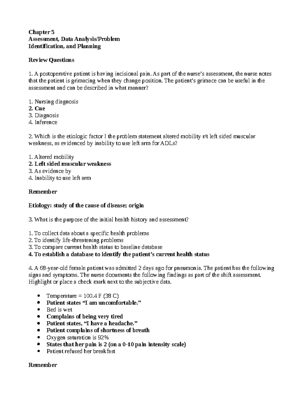 Chapter 5 - Nursing Assessment and Planning Test Bank - Studocu