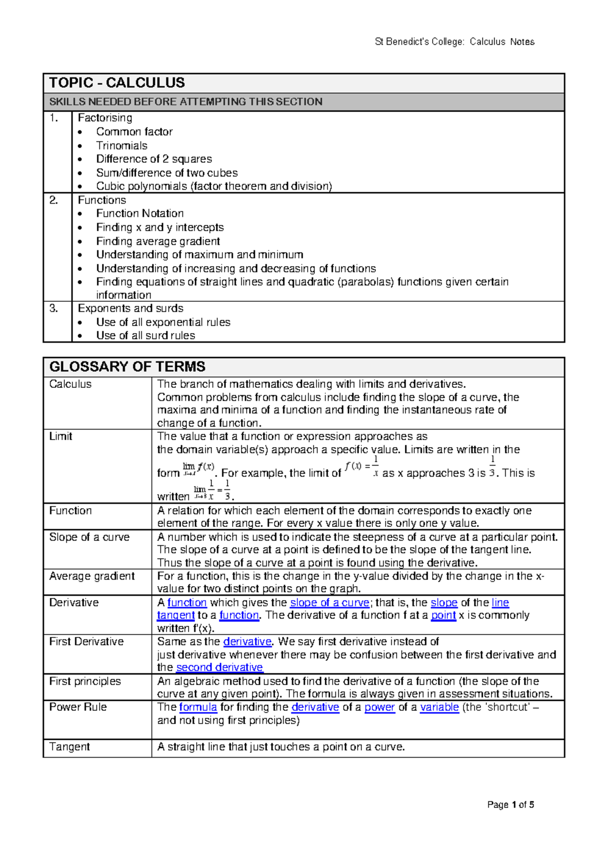 St College: Calculus Notes - Essential Skills & Concepts - Studocu