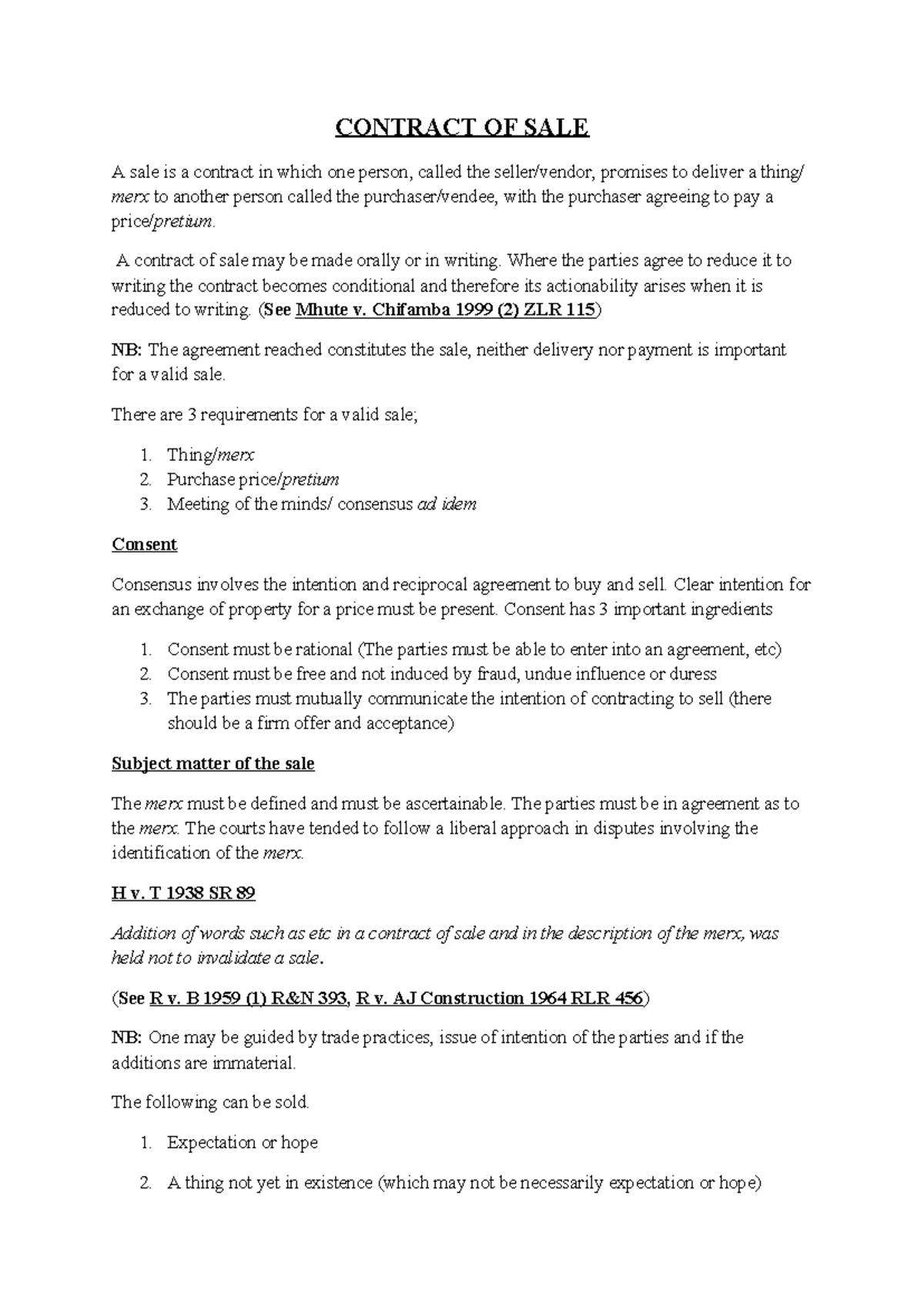 Contract of Sale Notes: Key Elements & Legal Implications - Studocu