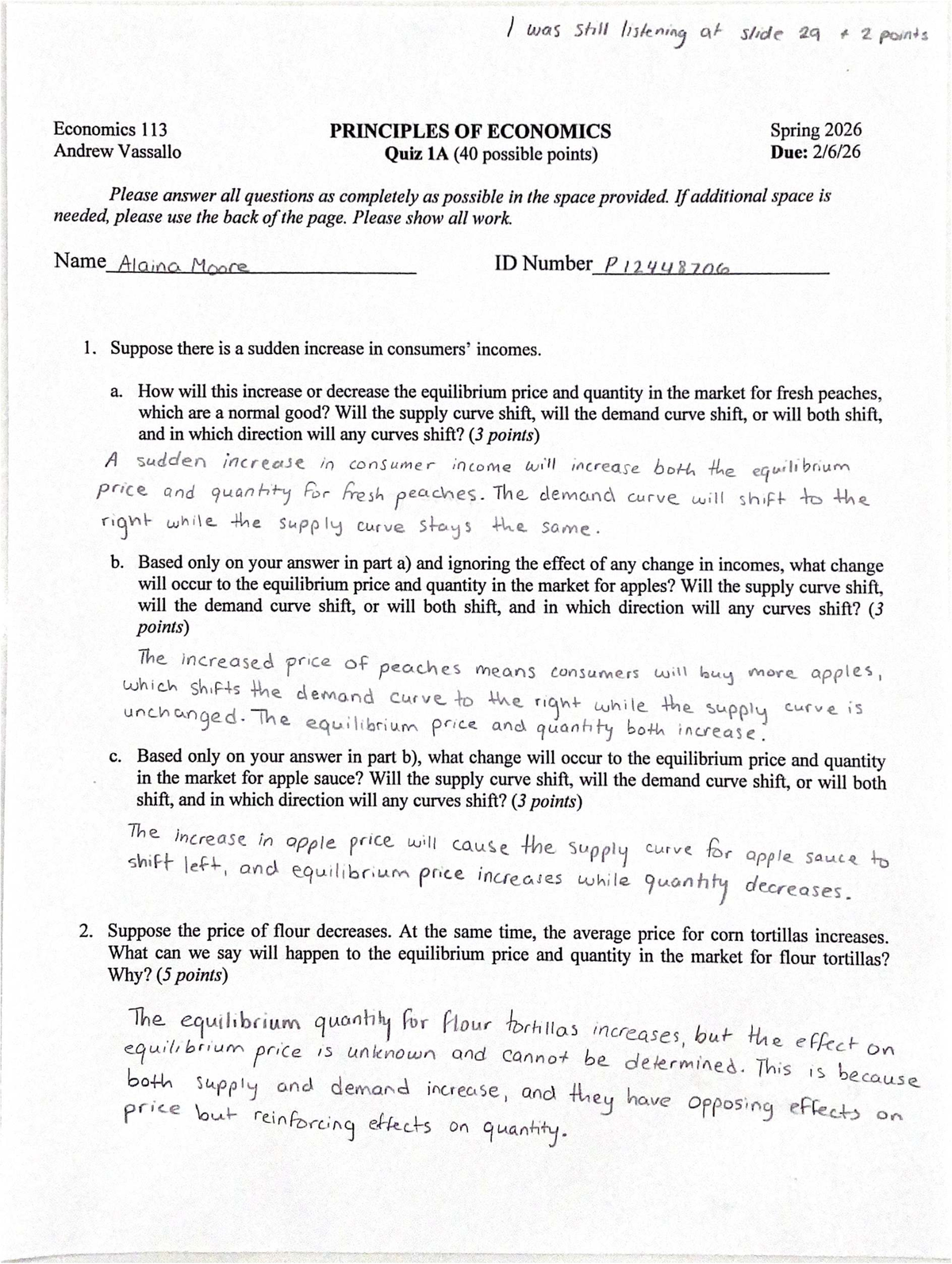 Economics 113 Quiz 1A: Equilibrium Price & Quantity Analysis - Studocu