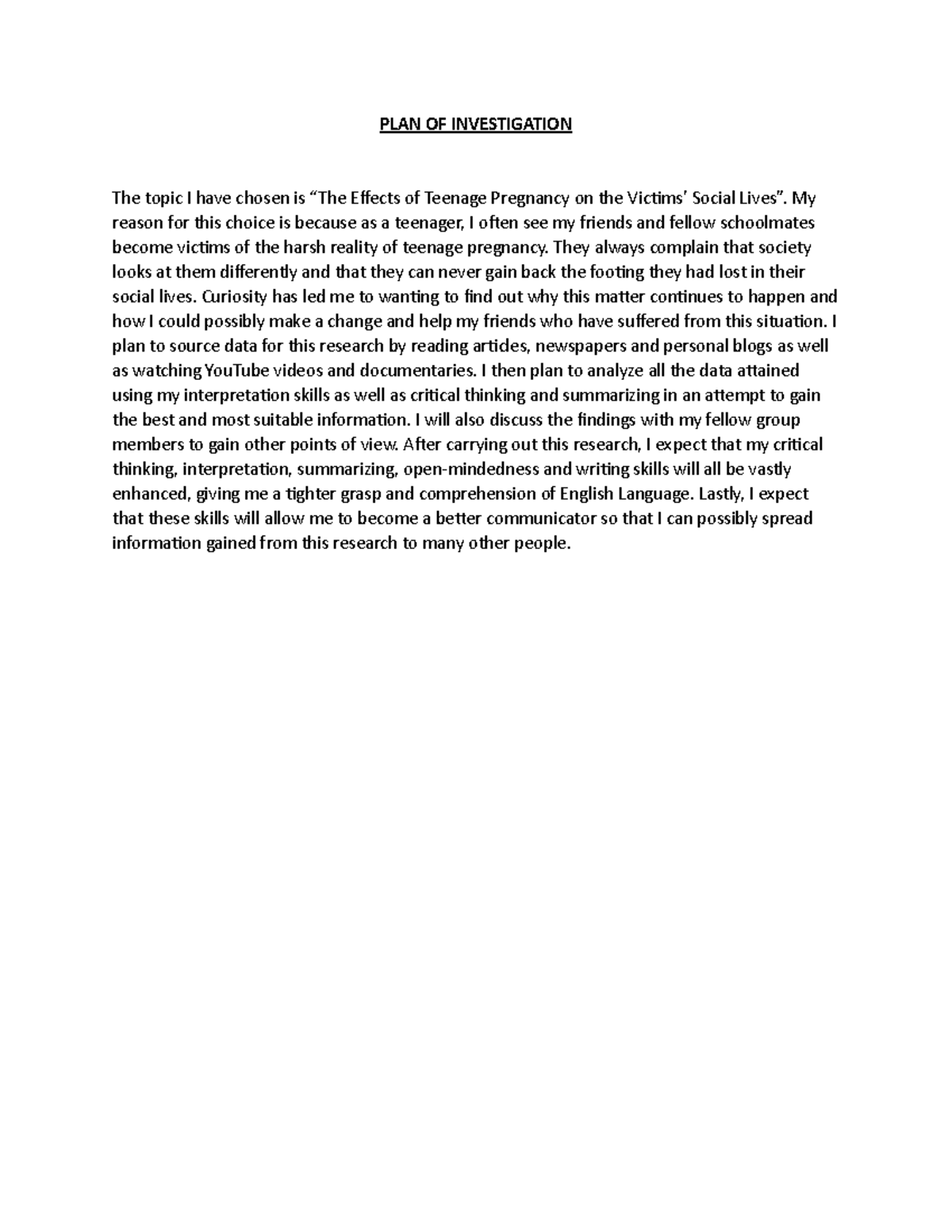 English SBA: The Effects of Teenage Pregnancy on Social Lives - Studocu
