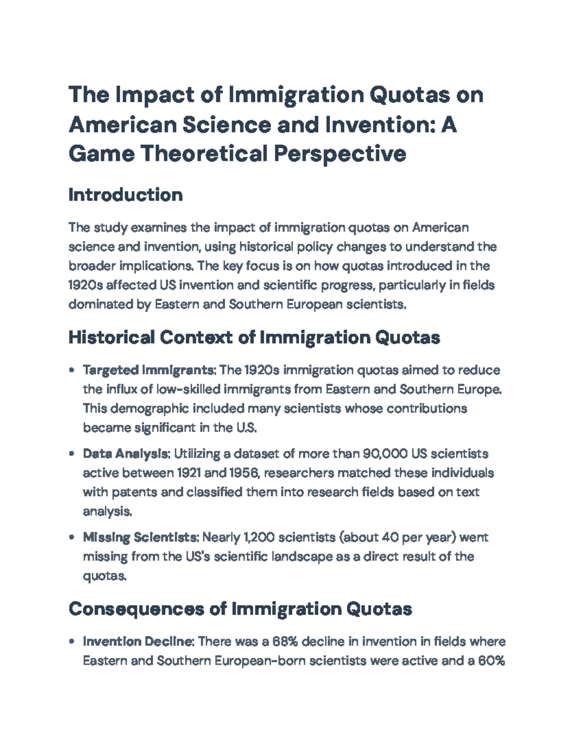 The Impact of Immigration Quotas on US Science: A Game Theory Analysis ...