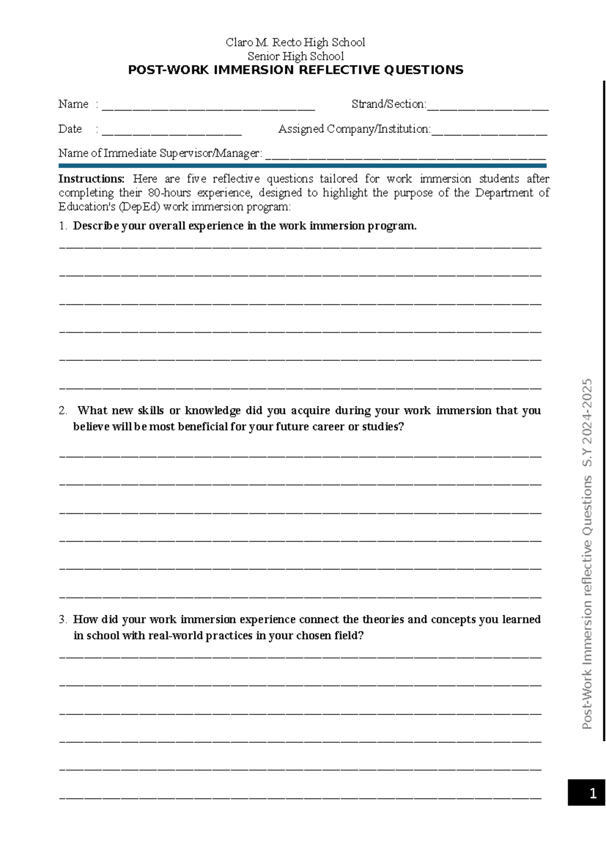 POST-WORK IMMERSION REFLECTIVE QUESTIONS S.Y. 2023-2024 - Studocu