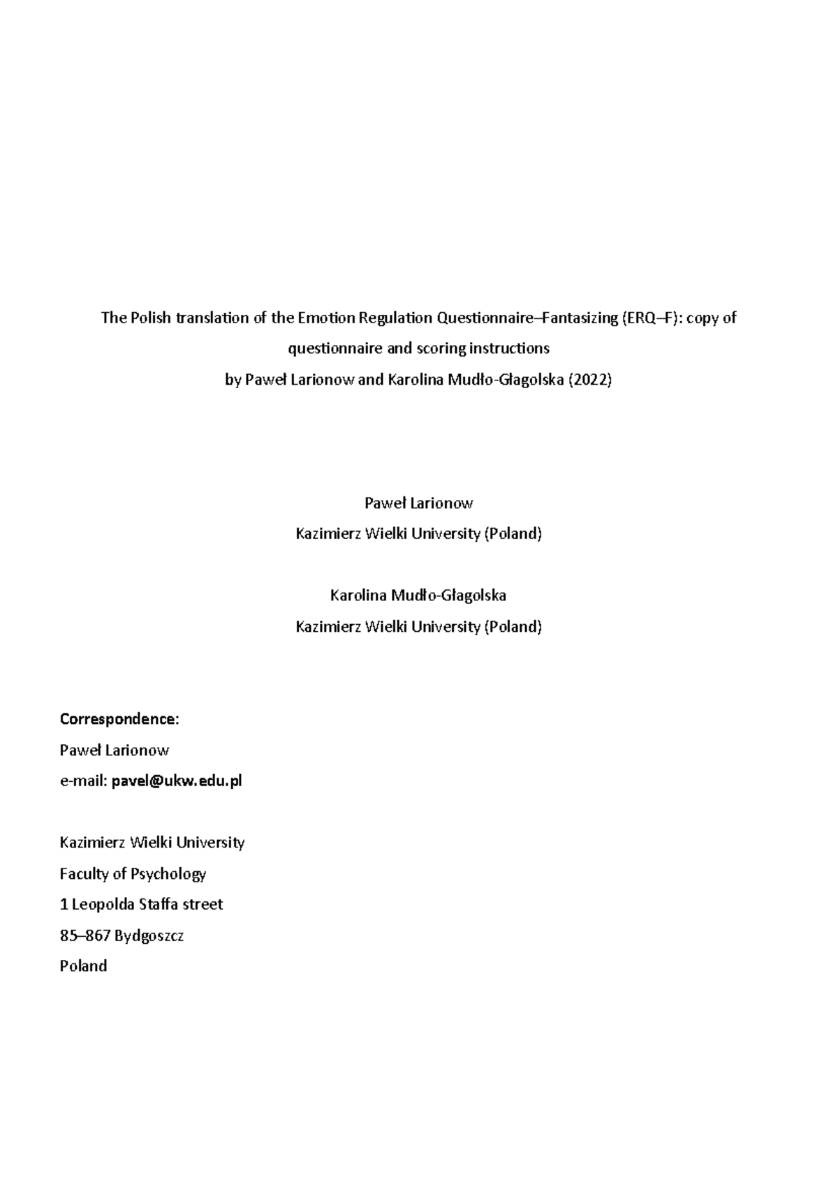 Polish Translation of the Emotion Regulation Questionnaire (ERQ-F ...