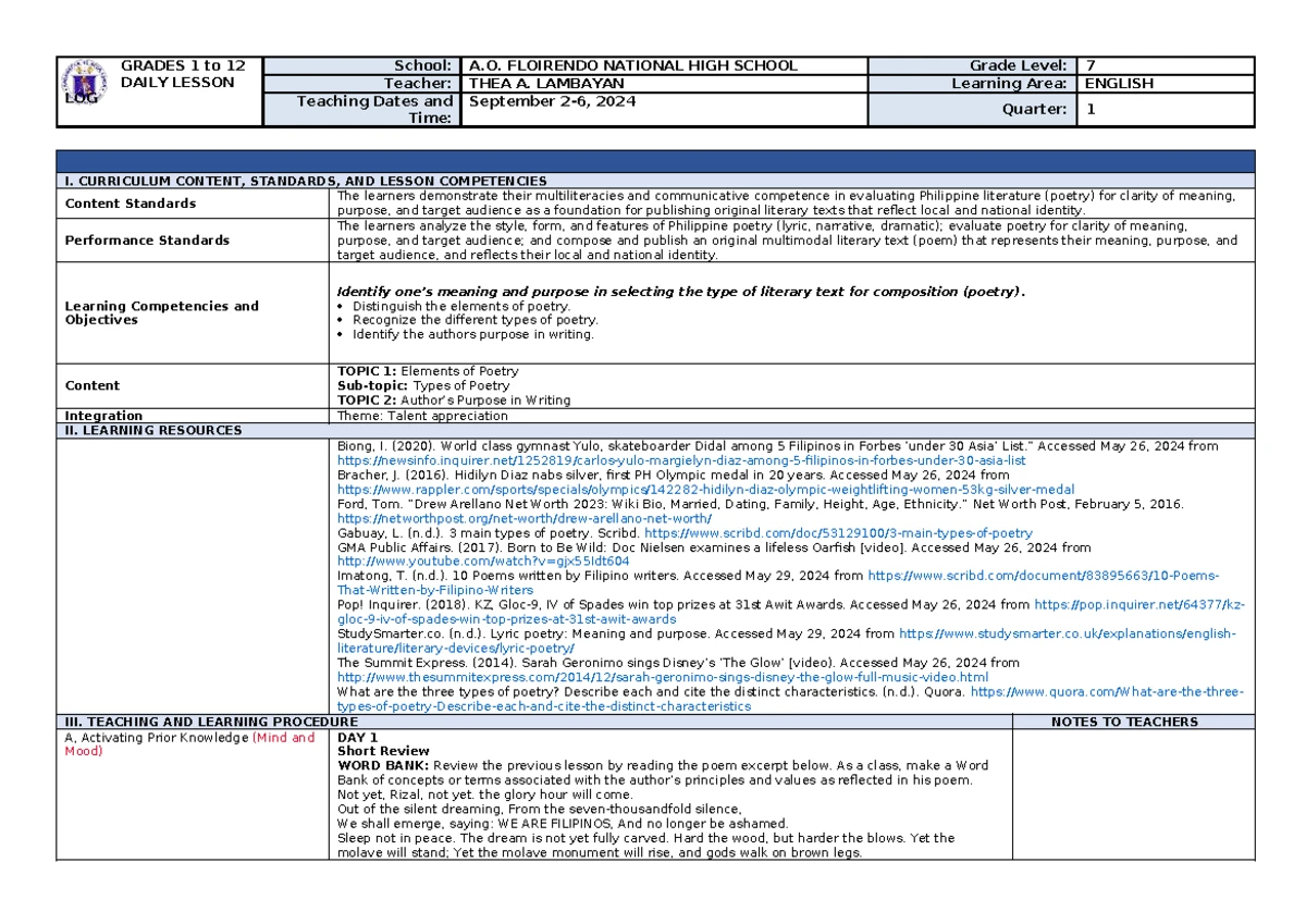 Grade 7 English Daily Lesson Plan: Analyzing Philippine Literature ...
