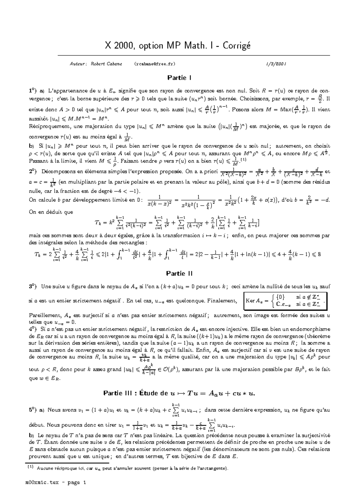 X 2000 MP Math 1 - Corrigé des Exercices et Étude Distribuée - Studocu