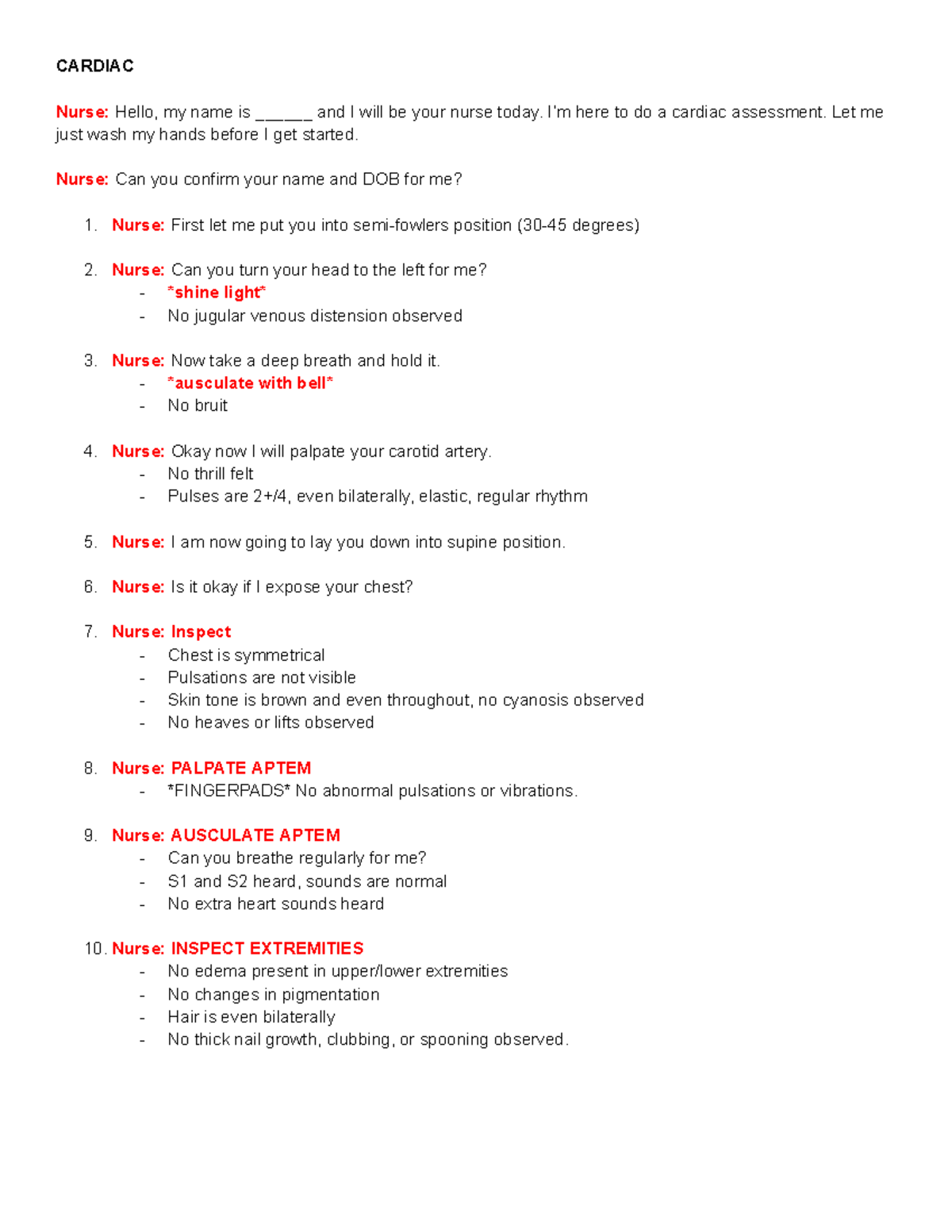 Health Assessment Evaluation 2 Scripts: Cardiac & Respiratory - Studocu