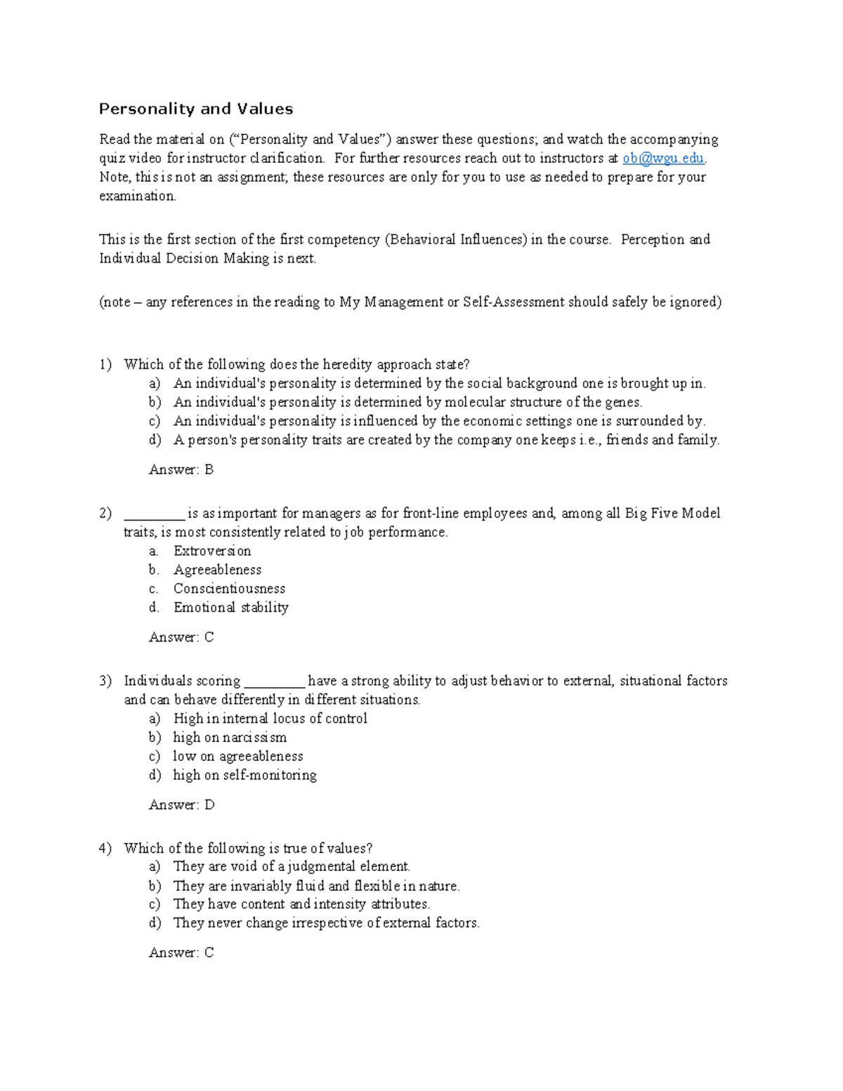 PSY 101: Personality & Values MCQ Practice Questions & Answers - Studocu