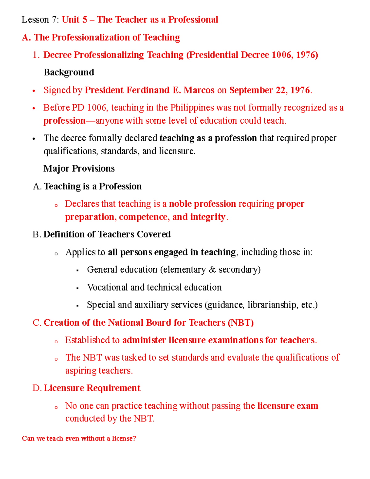 Teaching Profession Lesson 7: The Teacher as a Professional - Studocu