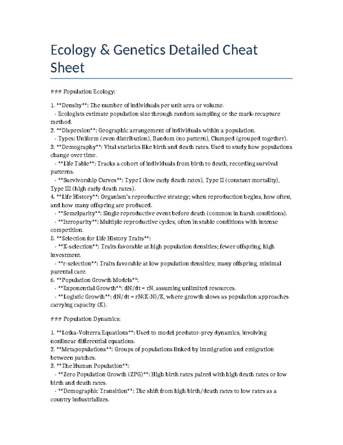 Expanded Ecology Genetics Cheat Sheet - Ecology & Genetics Detailed ...