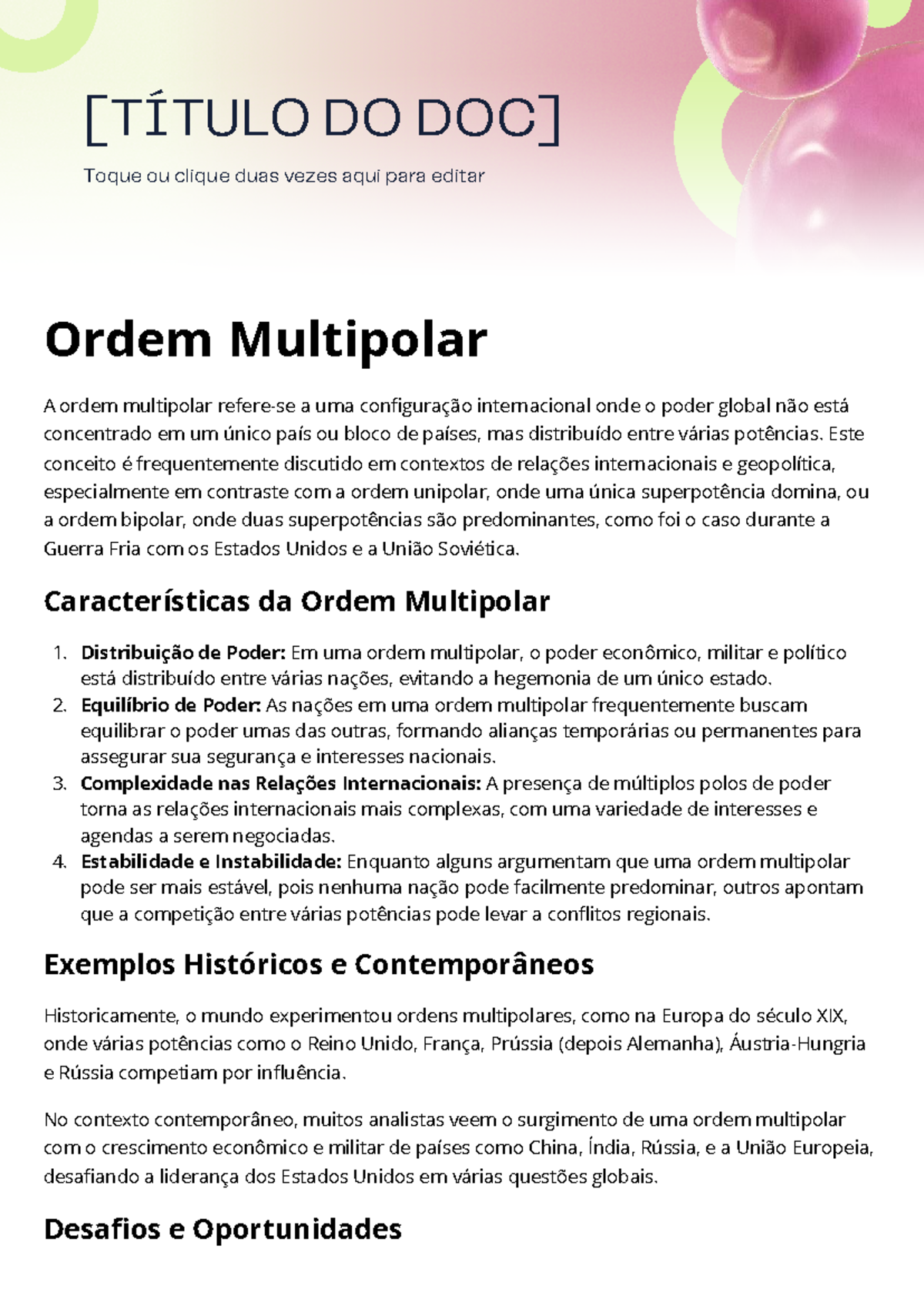 Ordem Multipolar: Análise das Relações Internacionais 2025 - Studocu