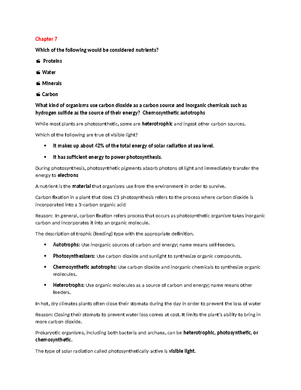 Exam 1 310 - Lecture Notes on Photosynthesis and Nutrient Types - Studocu