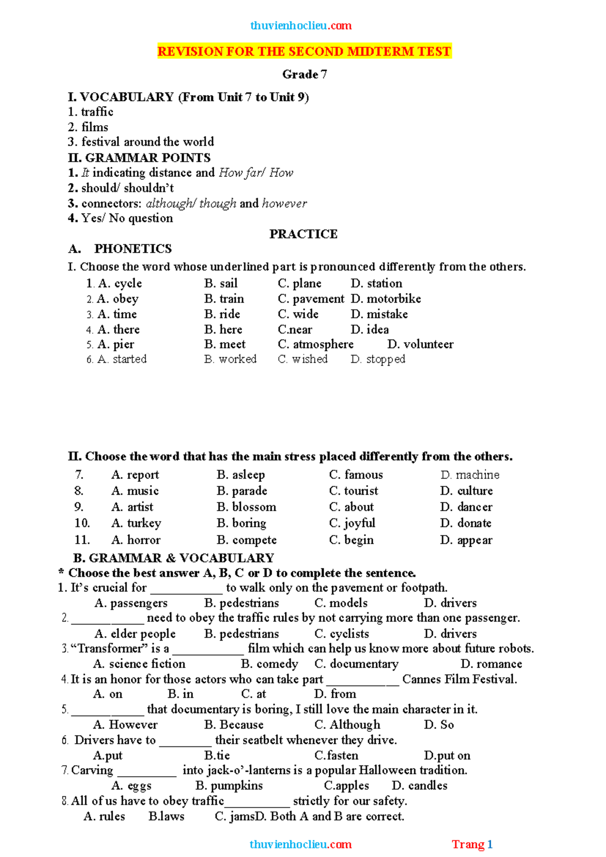 Grade 7 English Revision: Second Midterm Test Vocabulary & Grammar ...