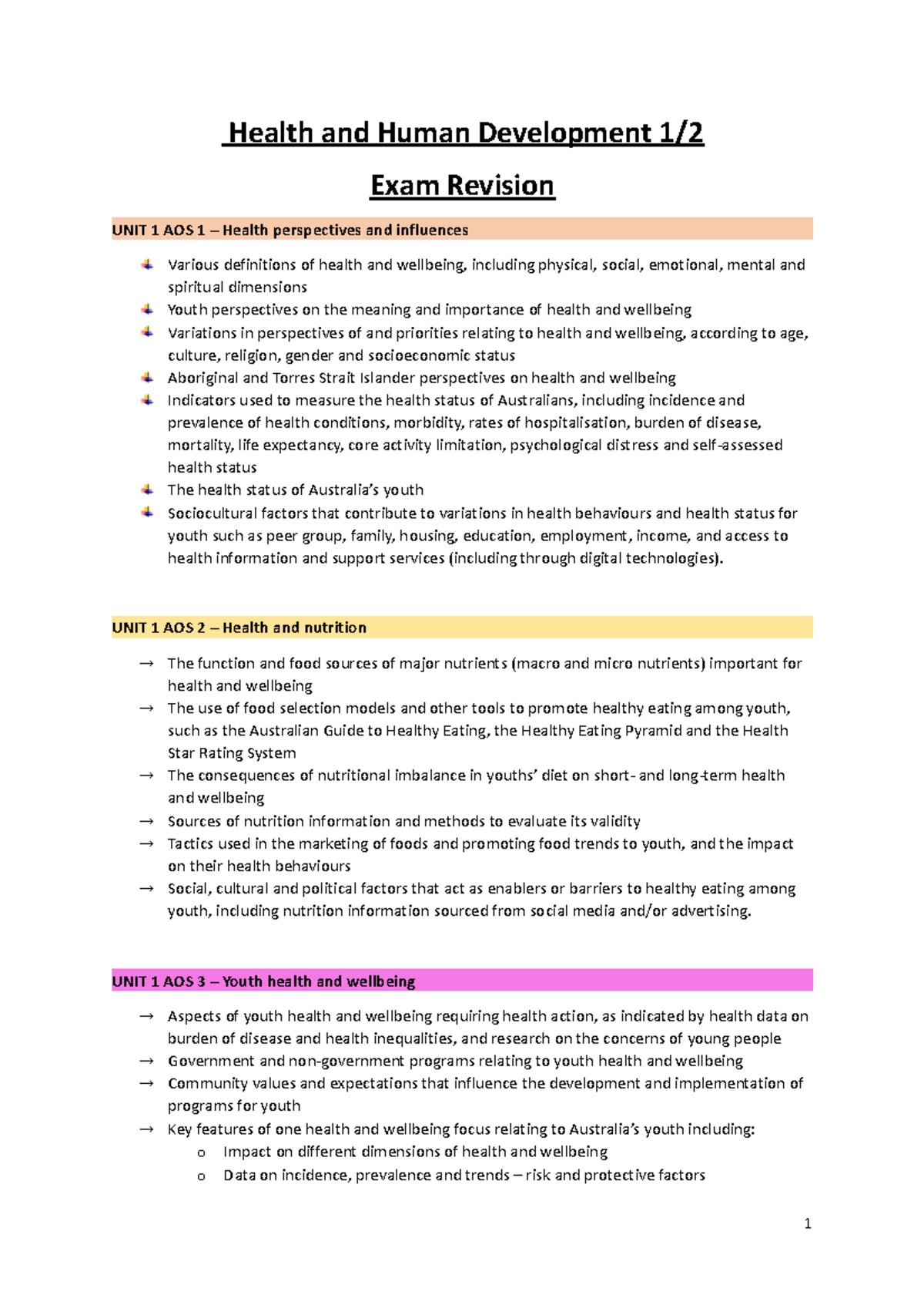 Health and Human Development 1 - UNIT 1 AOS 2 – Health and nutrition ...