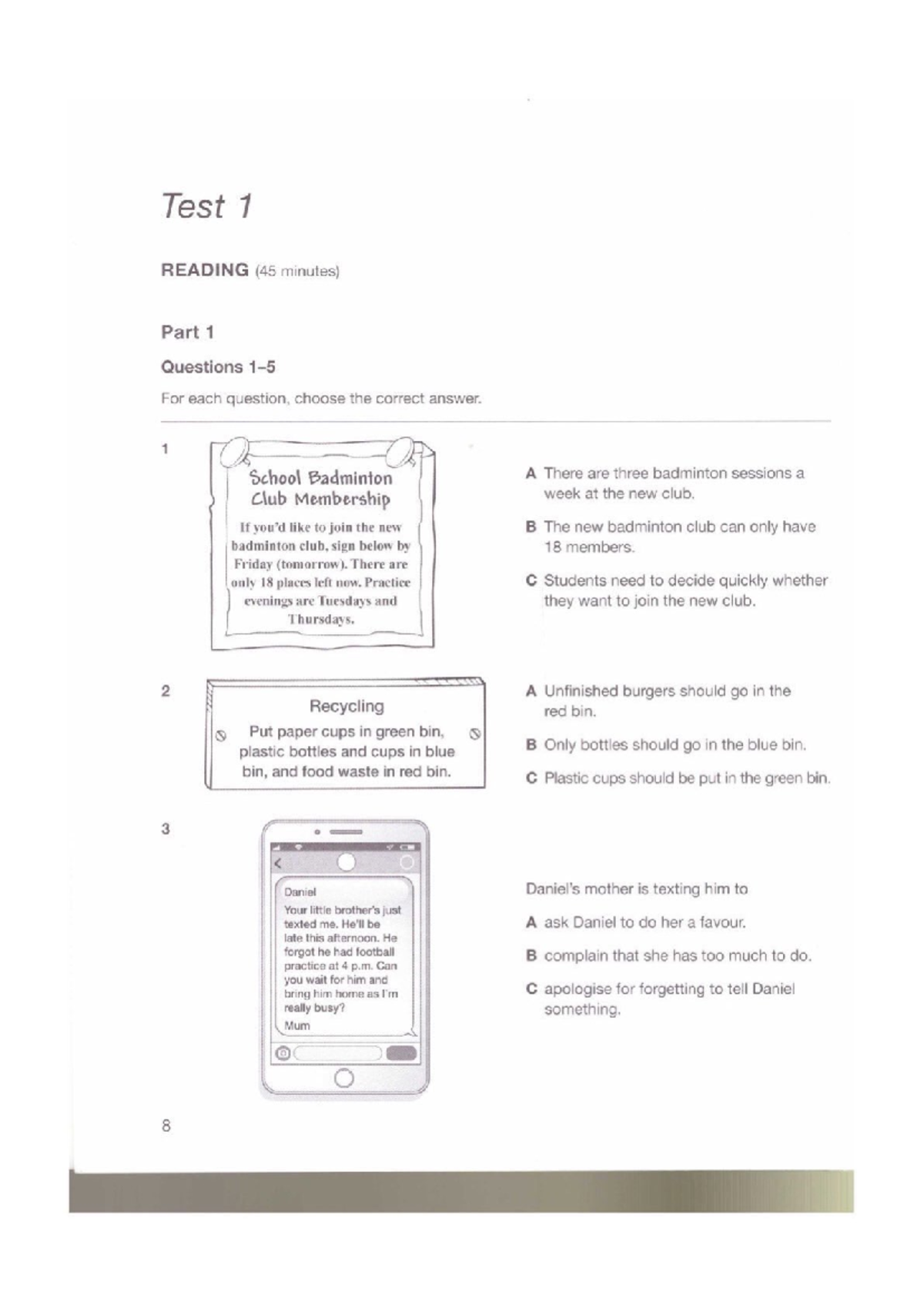 TEST 1 - test 1 - Test 1 READING (45 minutes) Part 1 Questions For each ...