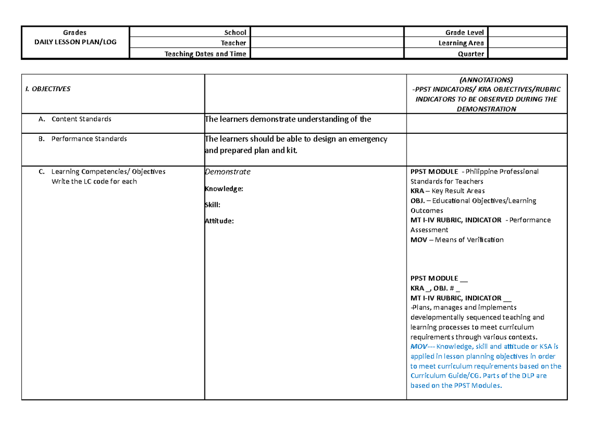 Lesson PLAN - School Purposes - Grades DAILY LESSON PLAN/LOG School ...