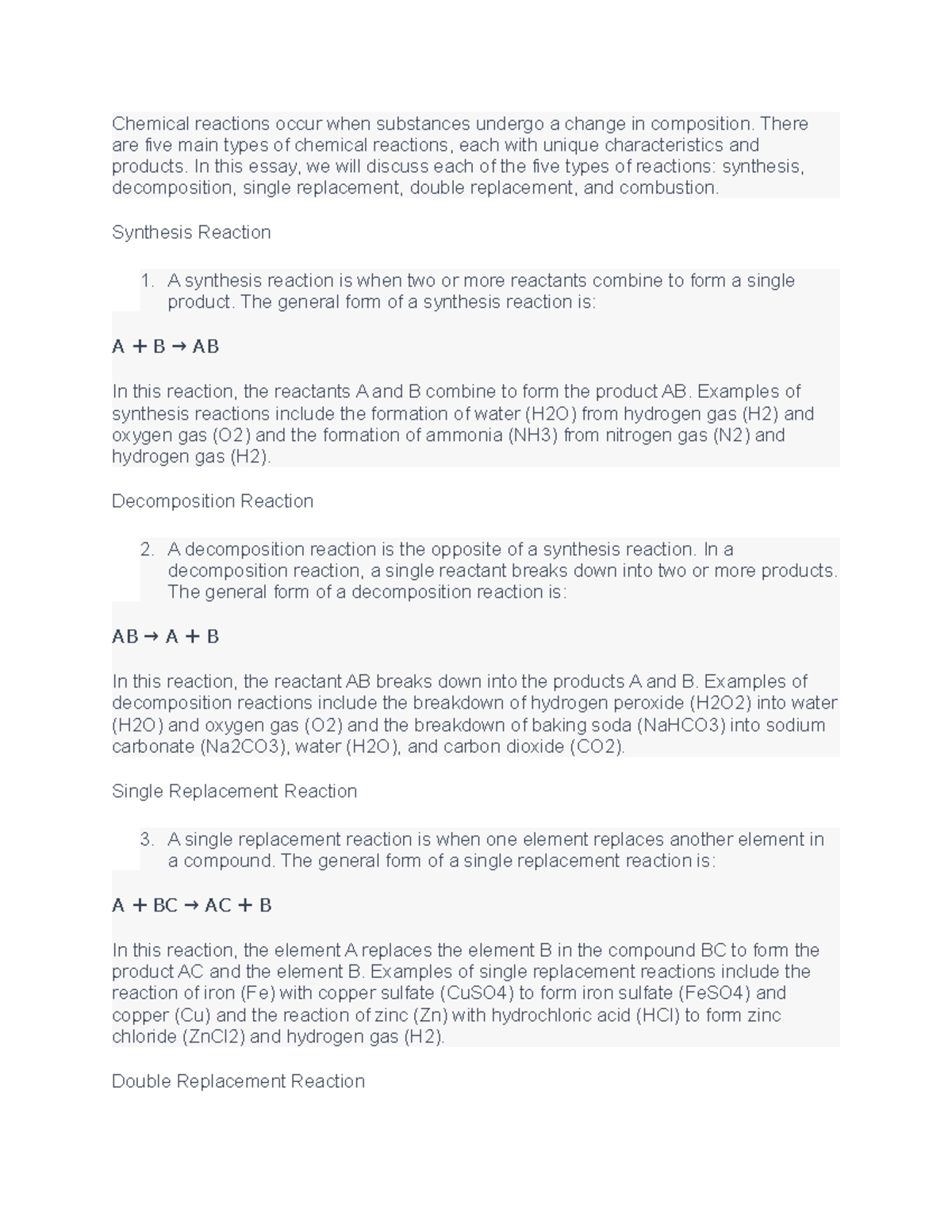 Essay chem1 - Chemical reactions occur when substances undergo a change ...