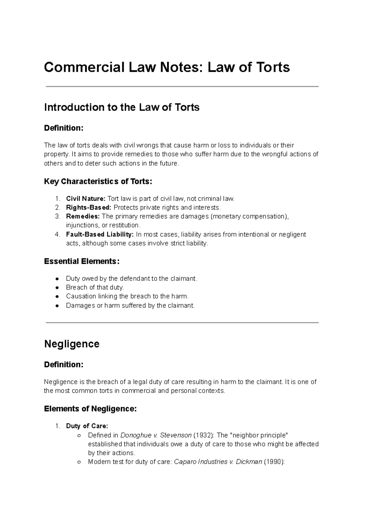 Commercial Law Notes: Law of Torts Overview and Key Principles - Studocu