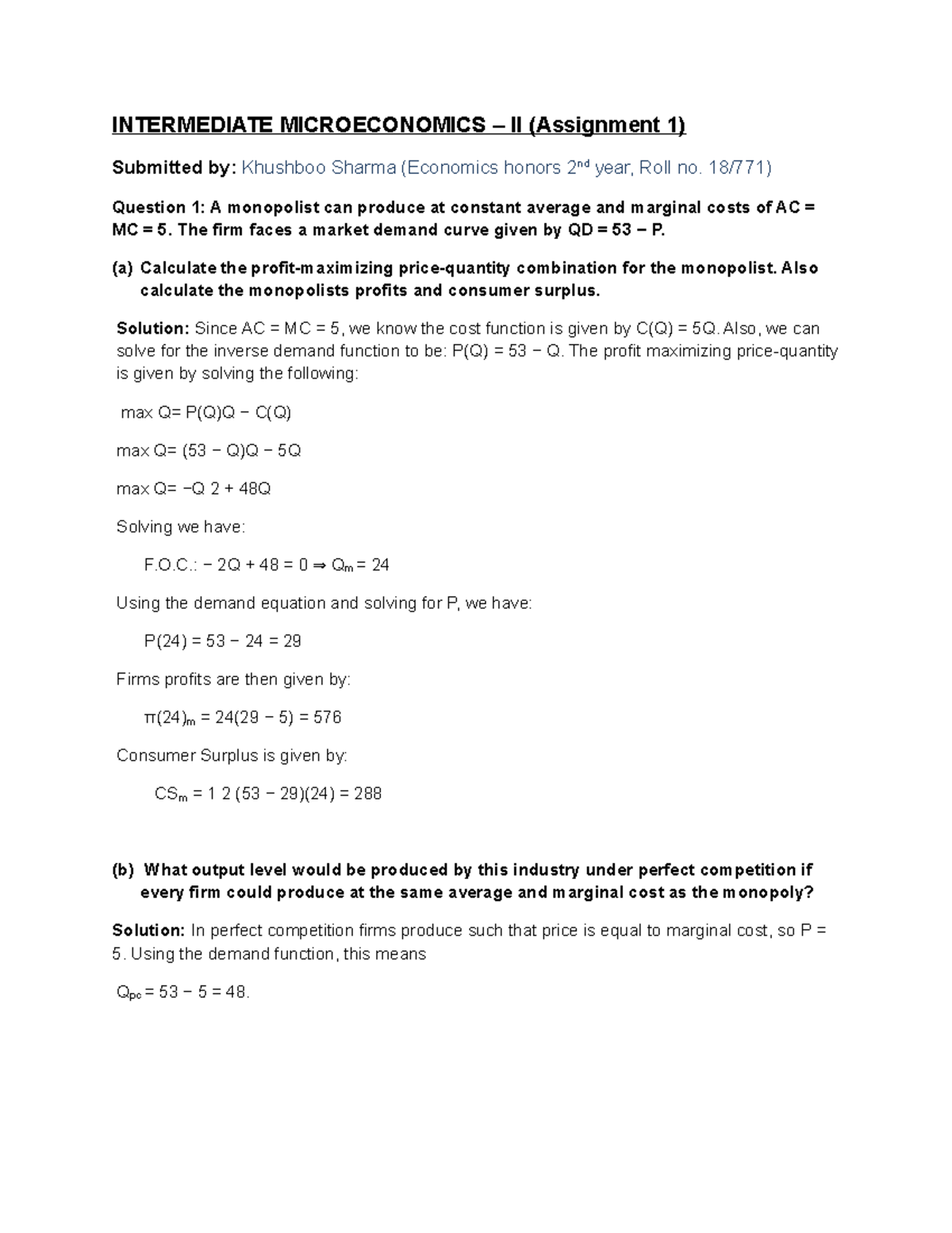 Micro 1 - INTERMEDIATE MICROECONOMICS – II (Assignment 1) Submitted by ...