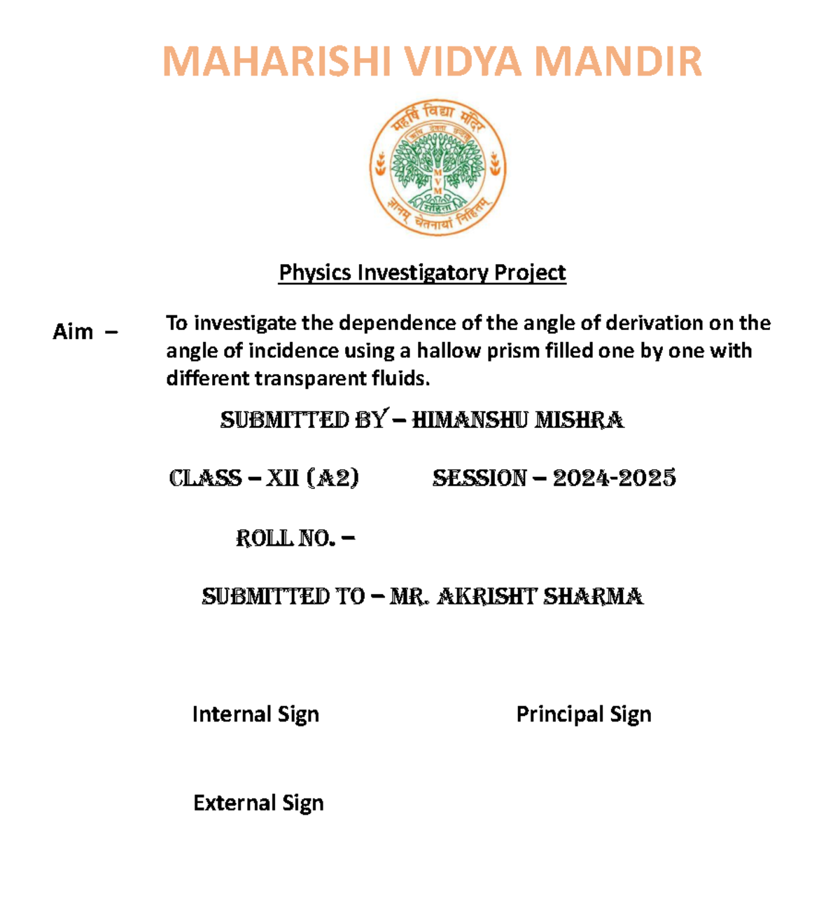 Himanshu front page - Physics HL - MAHARISHI VIDYA MANDIR Physics ...
