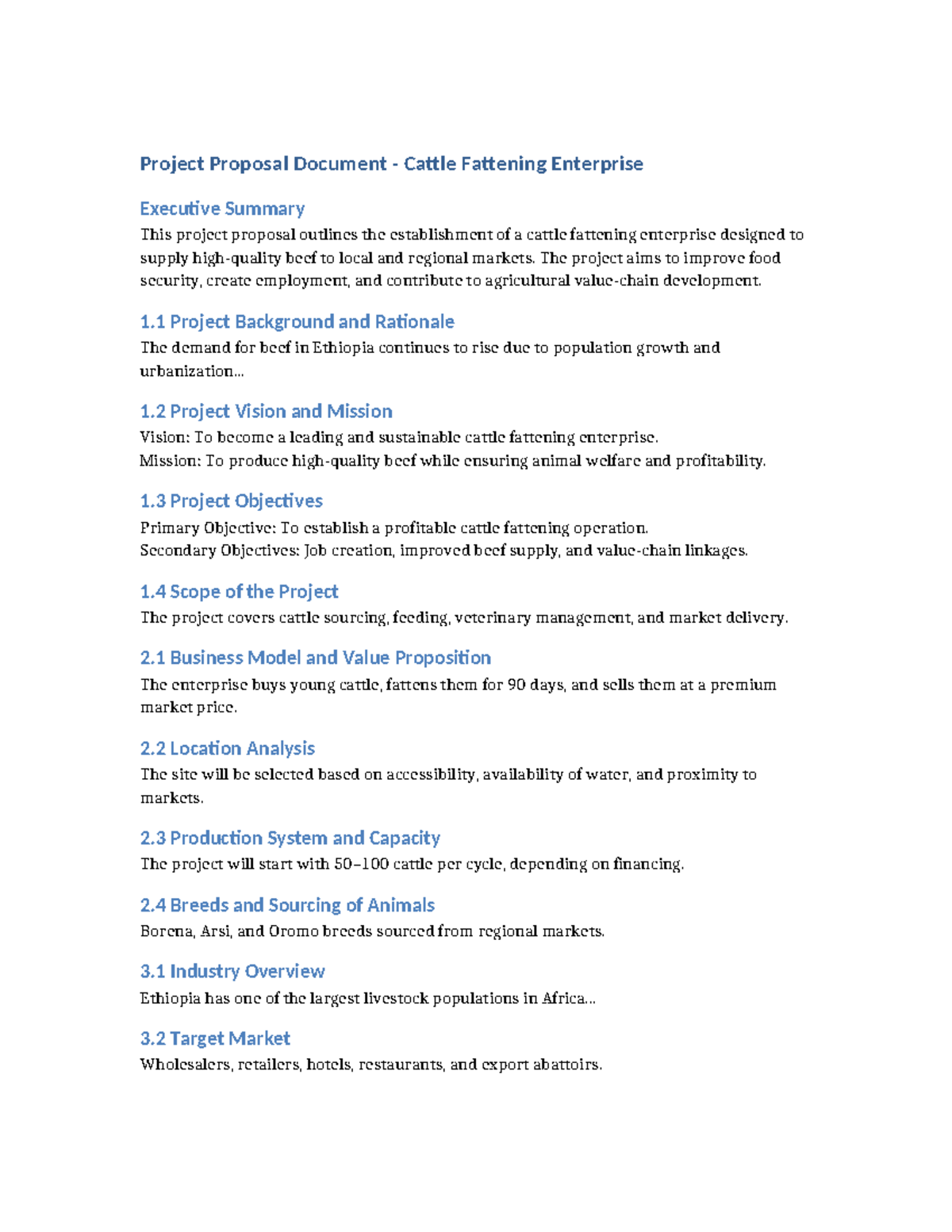 Cattle Fattening Enterprise Project Proposal Summary - Studocu