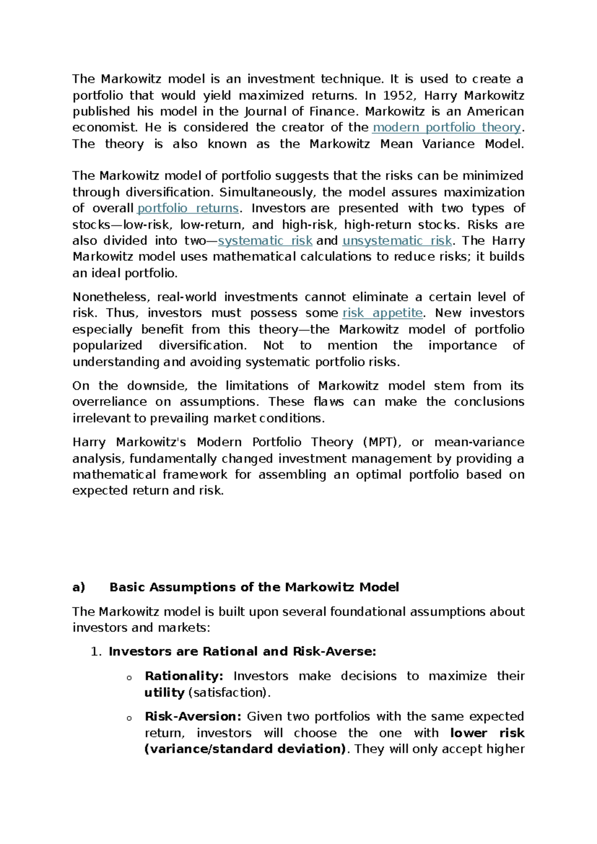 Markowitz Model Assumptions: Understanding Portfolio Theory - Studocu