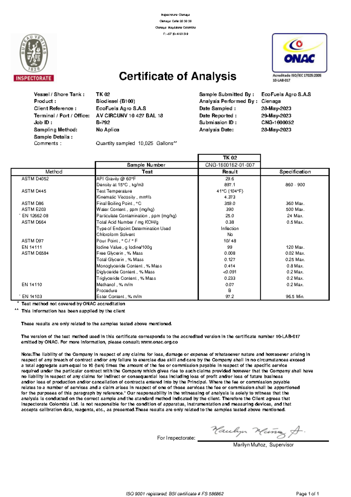 Certificado de Análisis CNG 1600052-3 - Biodiesel B100 Results - Document Preview