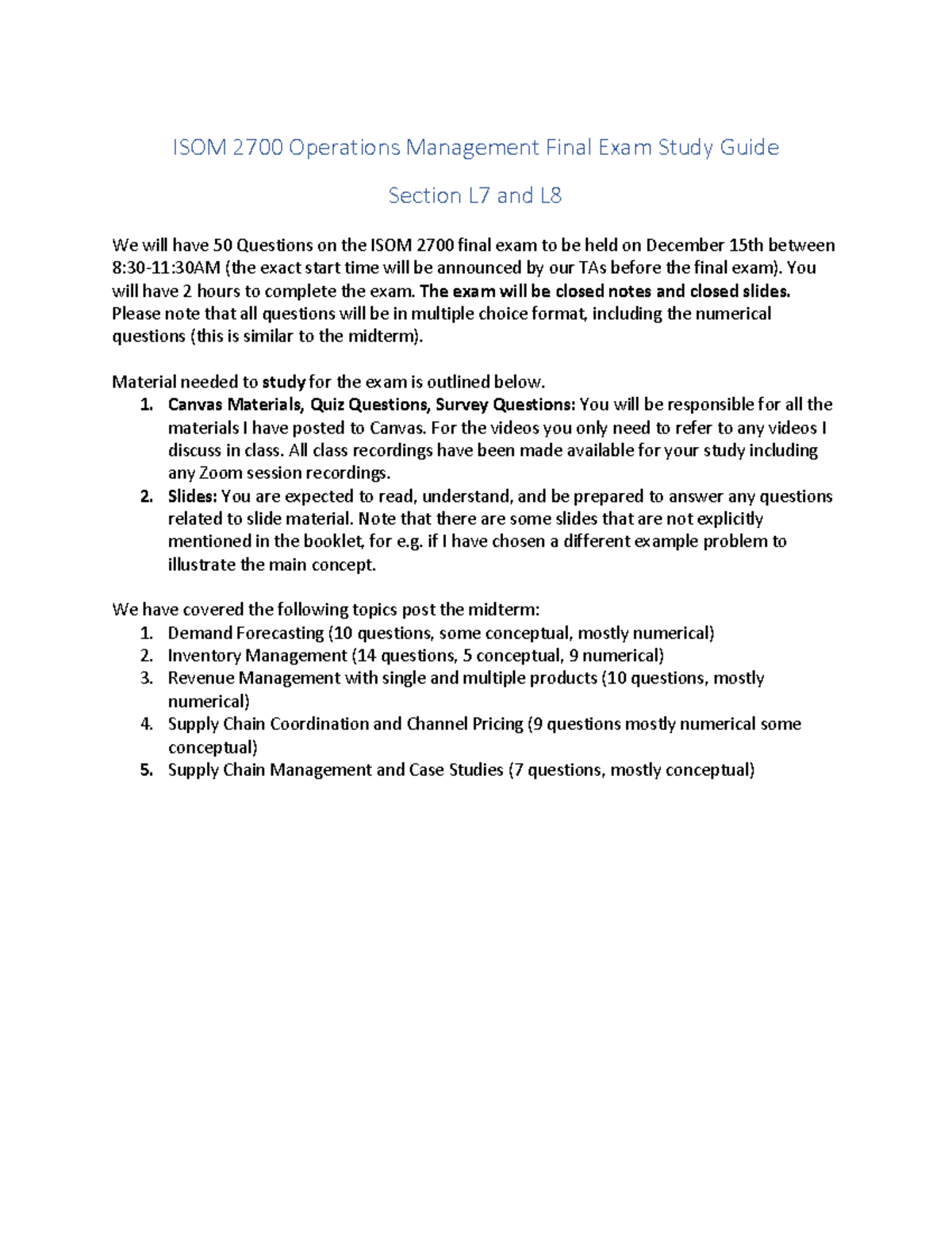 ISOM 2700 Final Exam Study Guide: Operations Management L7 & L8 - Studocu