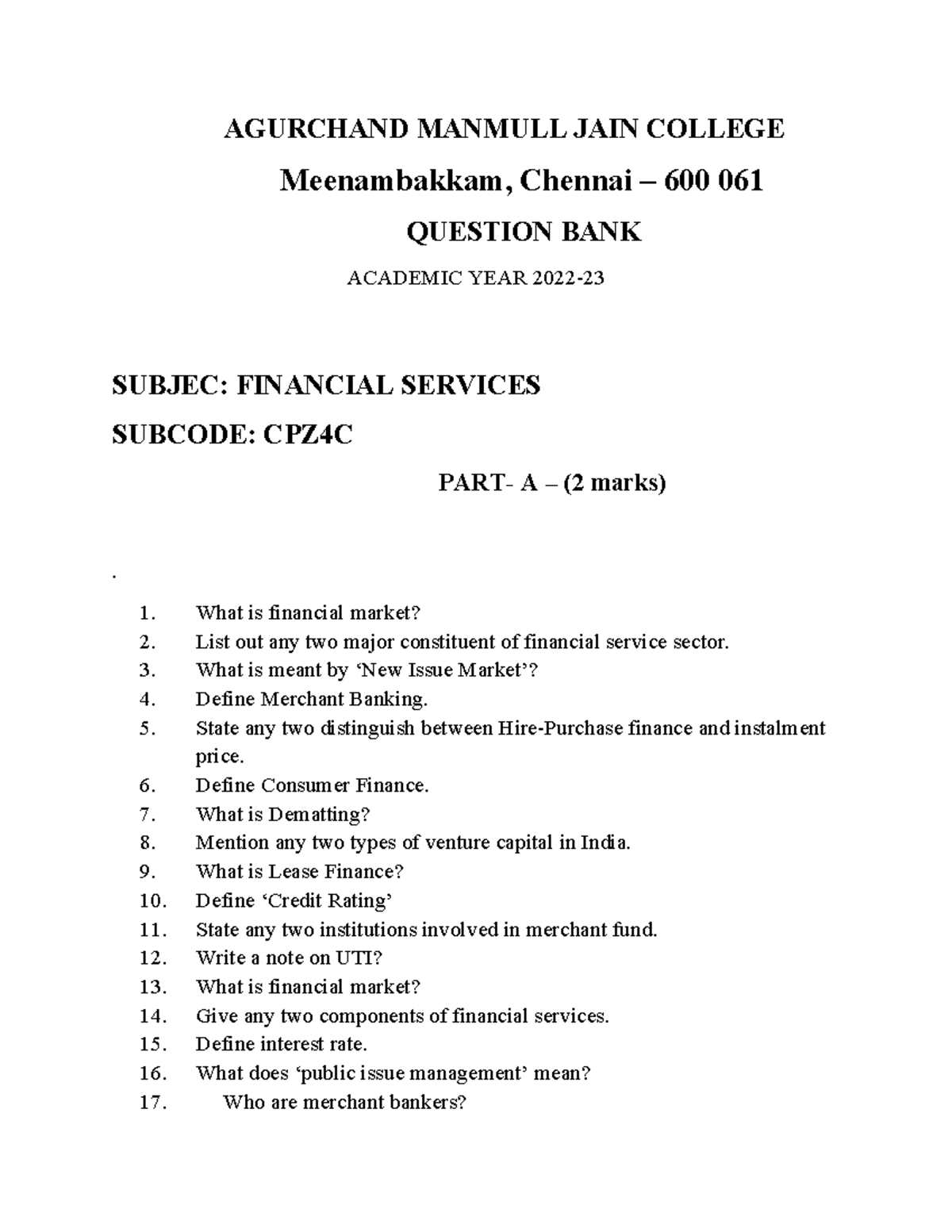 Financial Services Question Bank CPZ4C - Academic Year Insights - Studocu