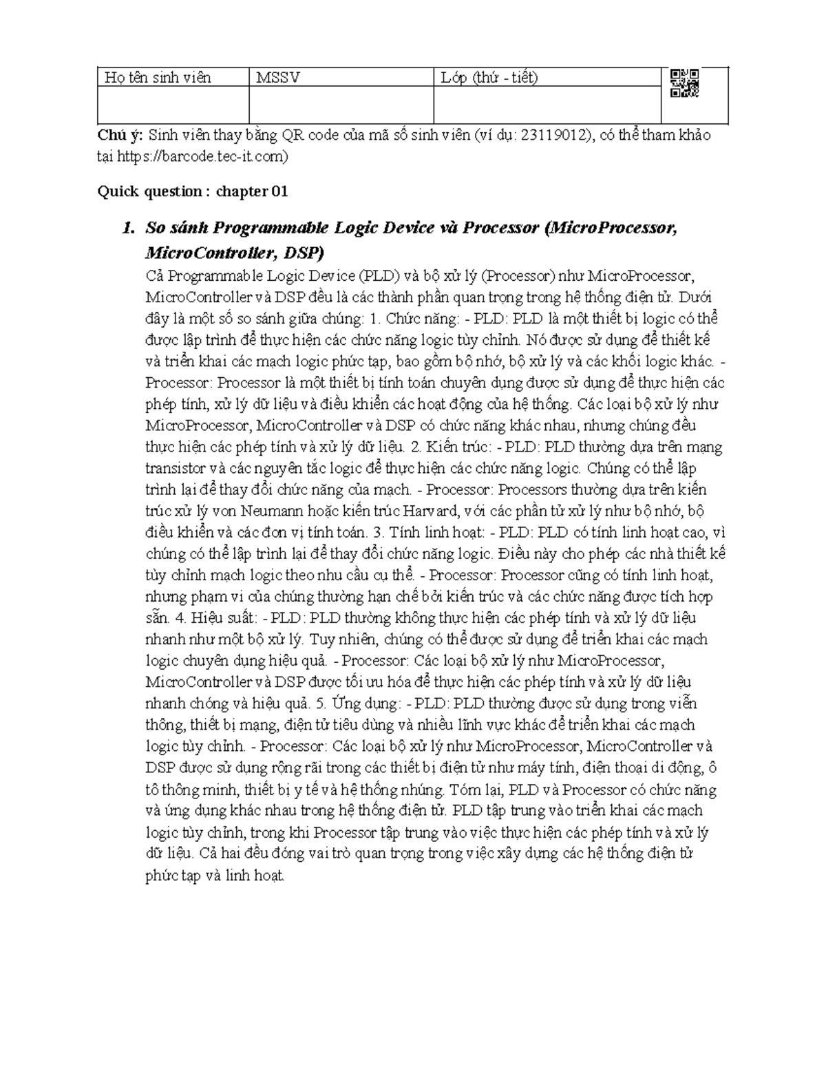 Quick Question. Chapter 02 - Họ tên sinh viên MSSV Lớp (thứ - tiết) Chú ...