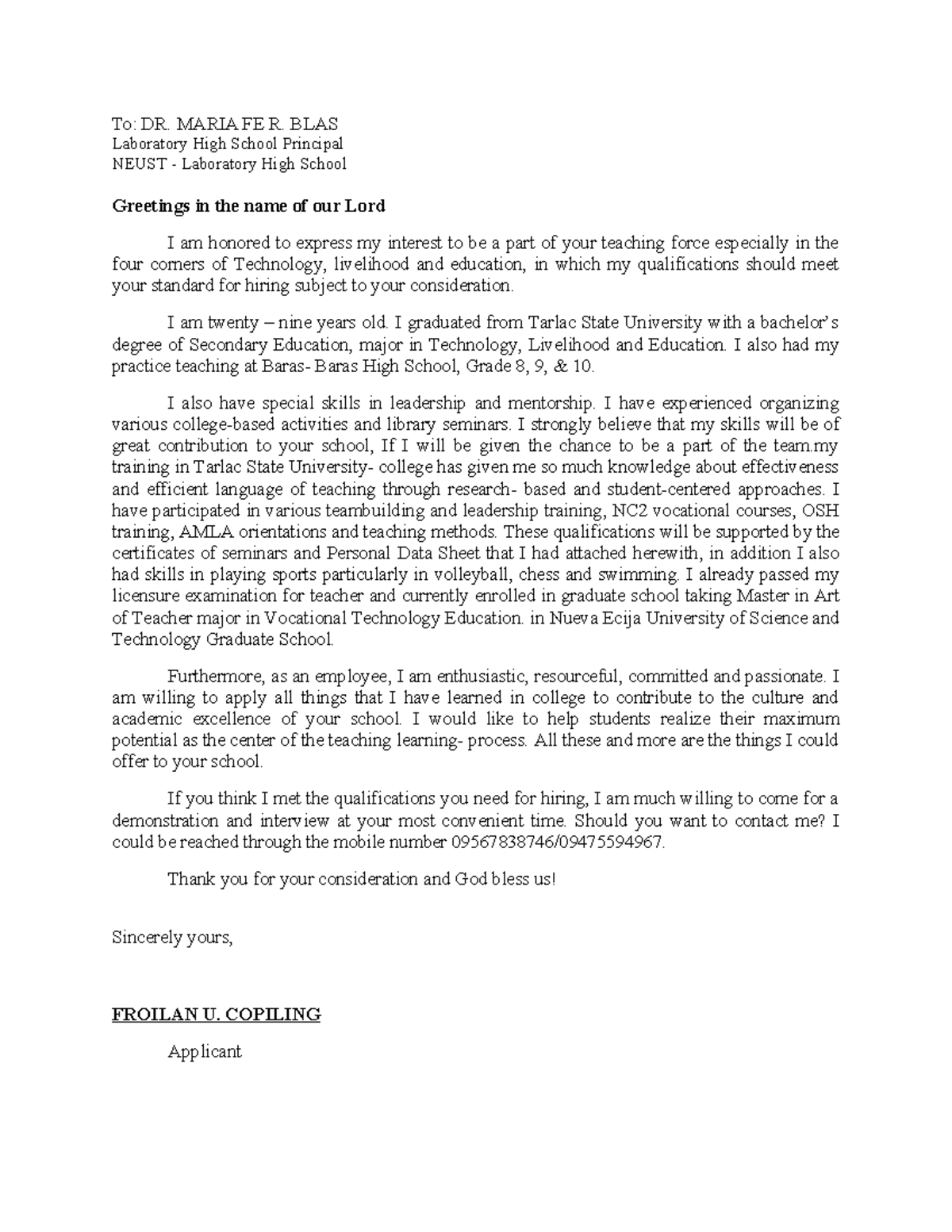 Application Letter for Teaching Position at NEUST Labschool - Studocu