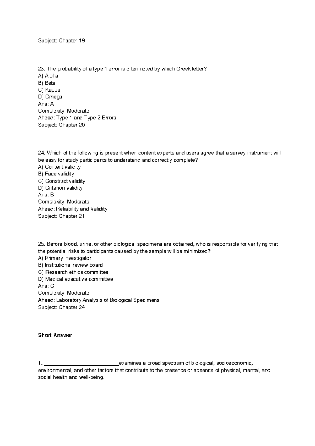 Test Bank: Introduction to Health Research Methods (3rd Ed) - Chapters ...
