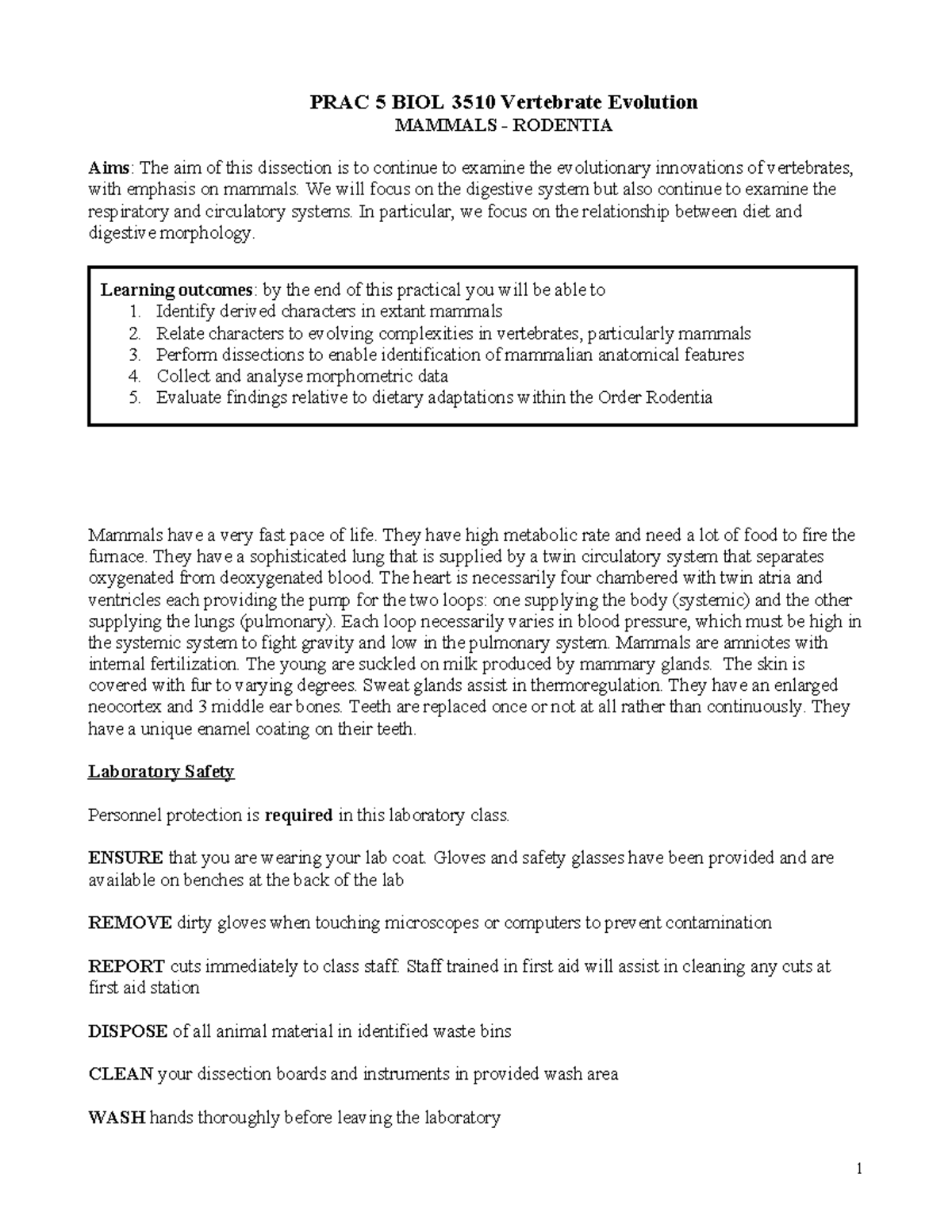 PRAC 5 BIOL 3510 Mammalian Dissection: Digestive & Circulatory Systems ...