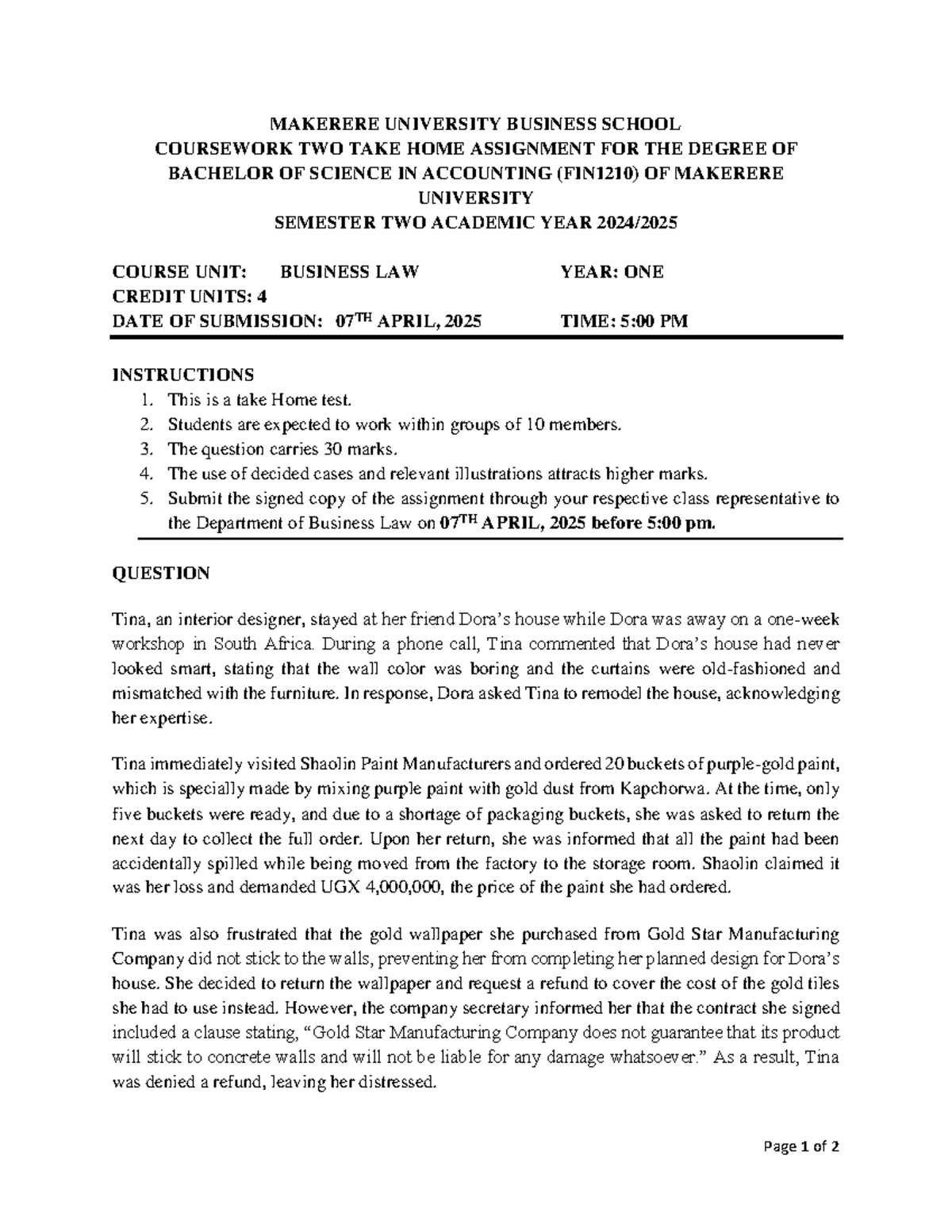 CW2 BLAW Takehome BSA I - Different notes - Page 1 of 2 MAKERERE ...