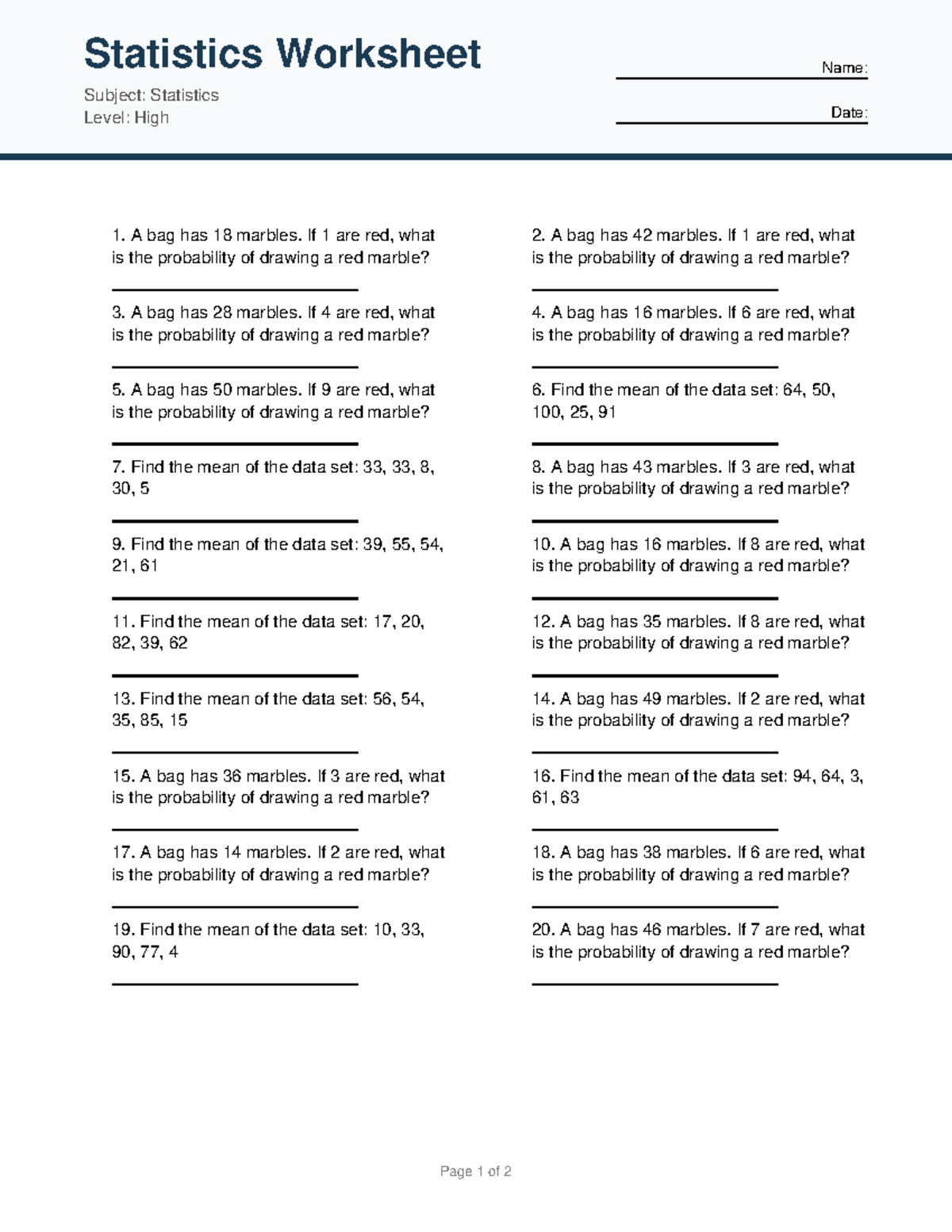 Statistics Worksheet: Probability & Mean Calculations - Studocu
