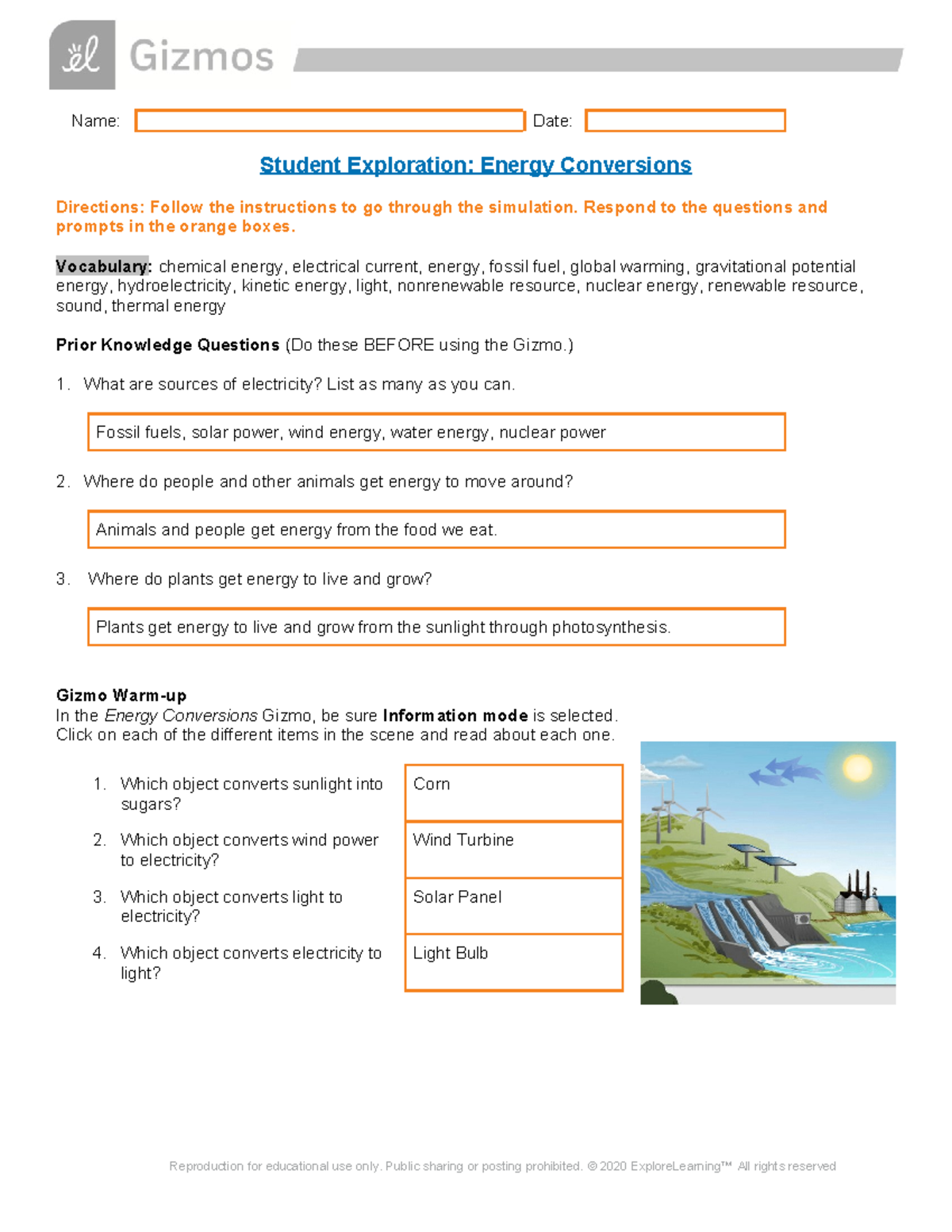 Copy of Energy Conversions SE - Name: Date: Student Exploration: Energy ...
