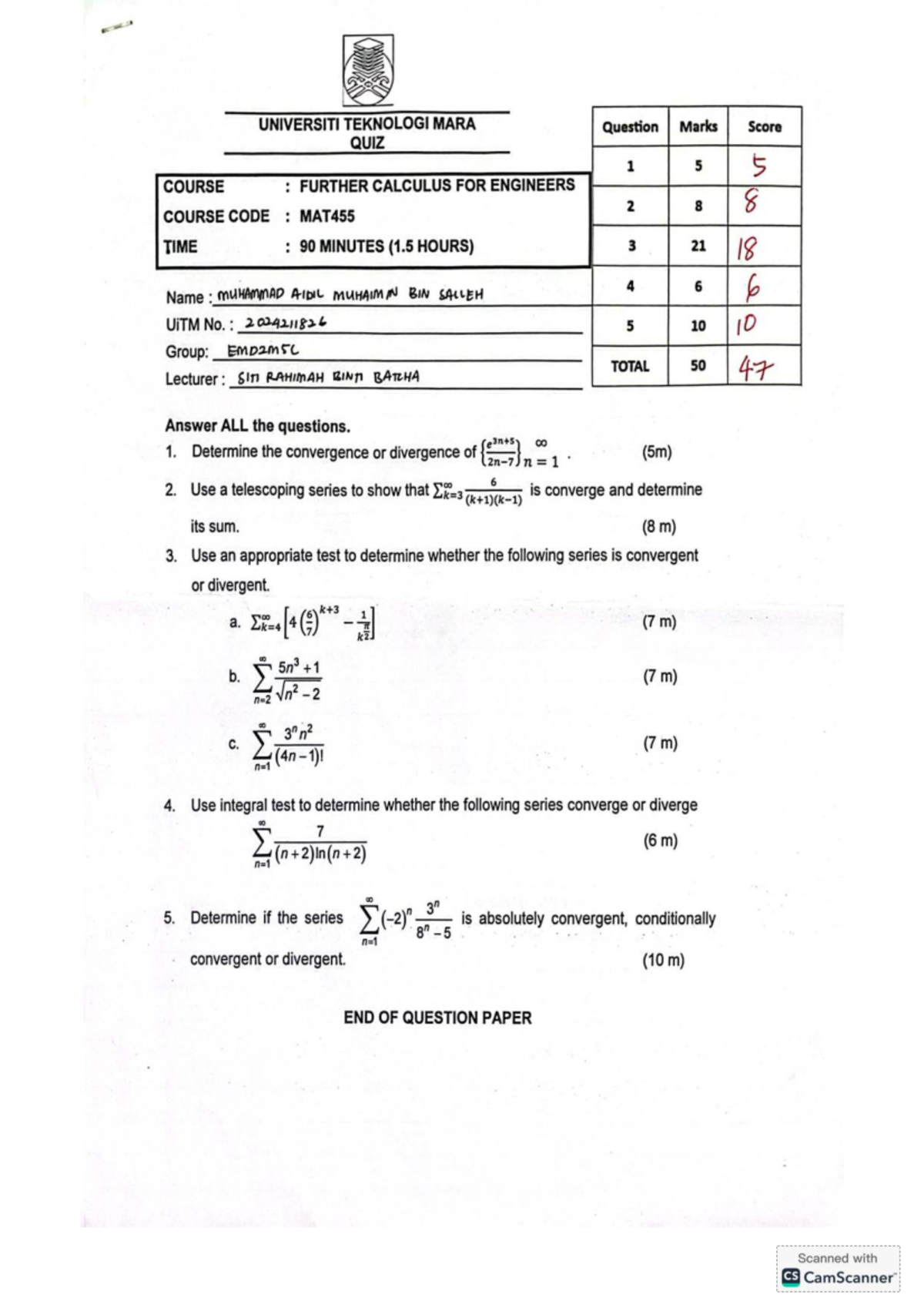 MAT455 Further Calculus for Engineers - Quiz 1 Solutions - Studocu