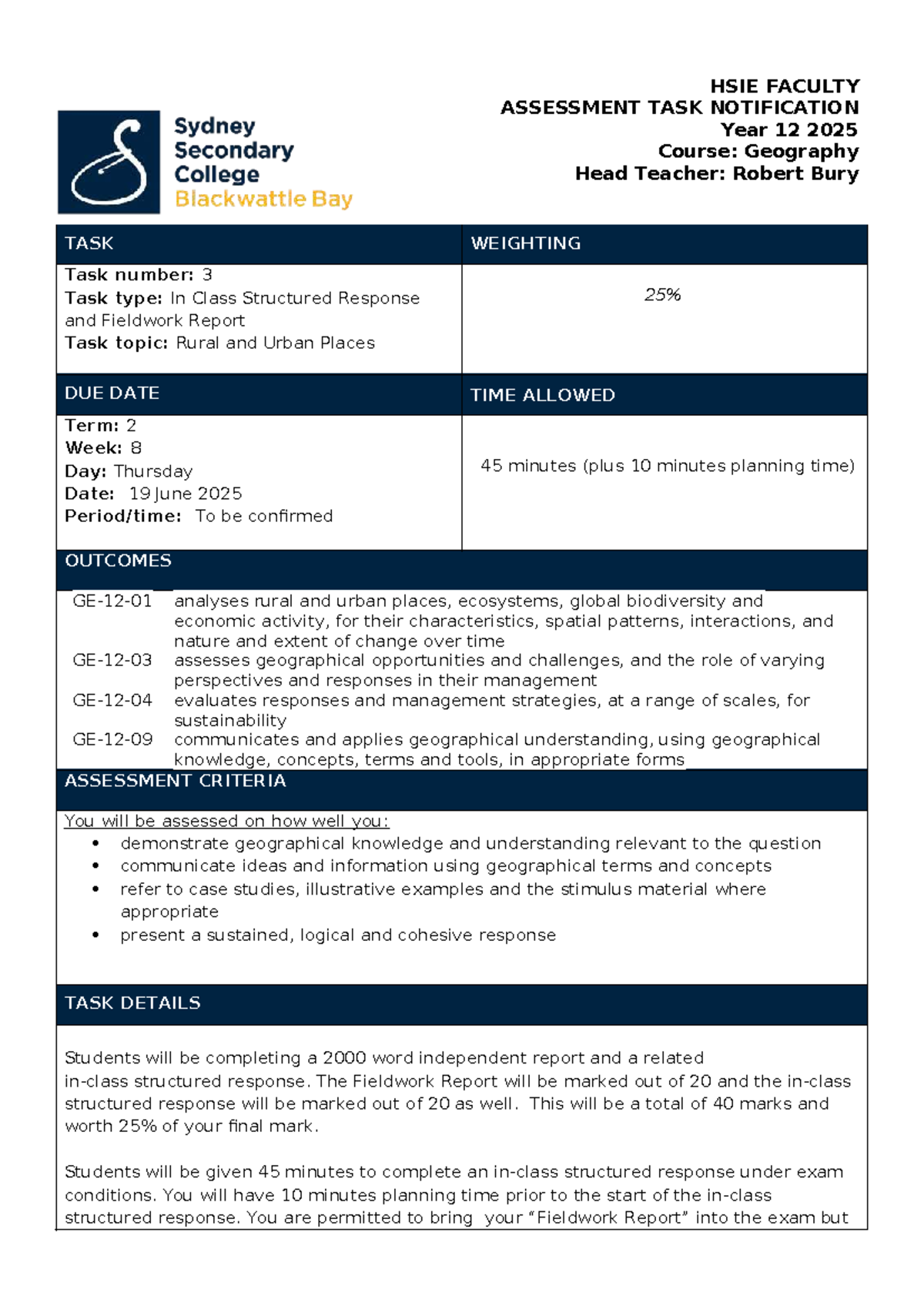 Task 3 2025 Year 12 Geography Assessment: Rural & Urban Places - Studocu