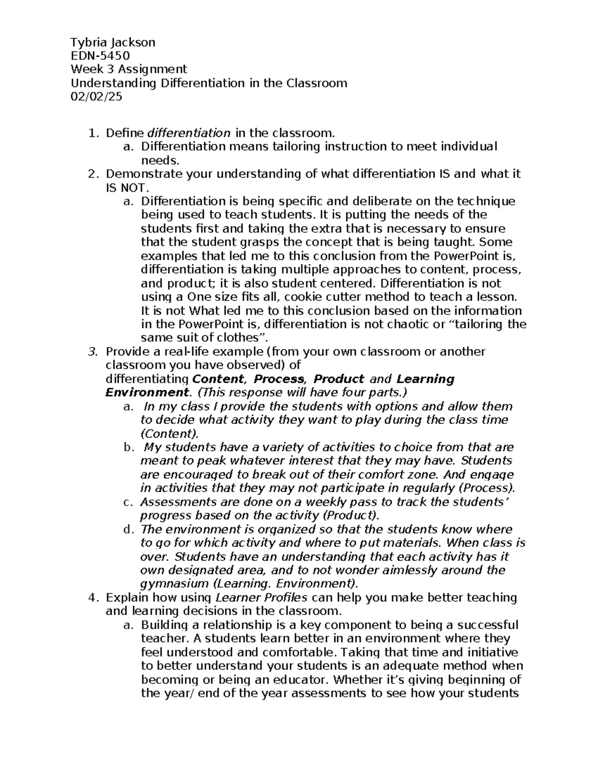EDN Week 3 Assignment: Understanding Classroom Differentiation - Studocu