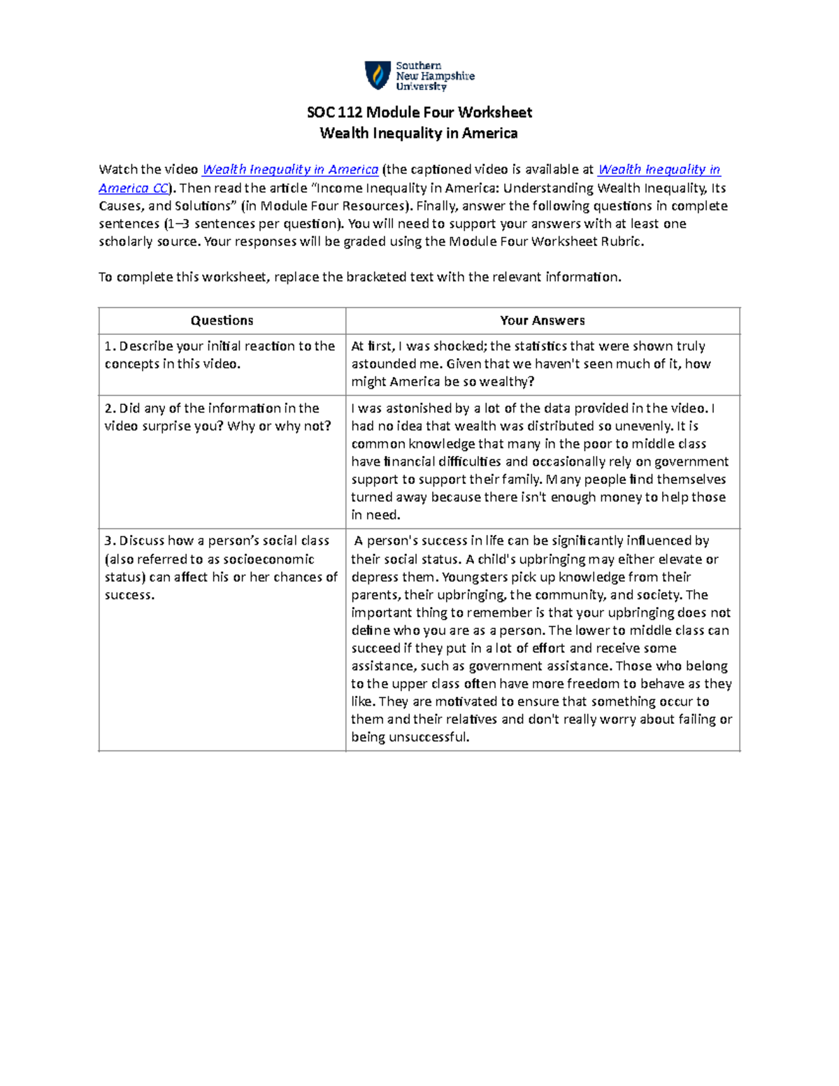 SOC 112 Module Four Worksheet: Analyzing Wealth Inequality in America ...