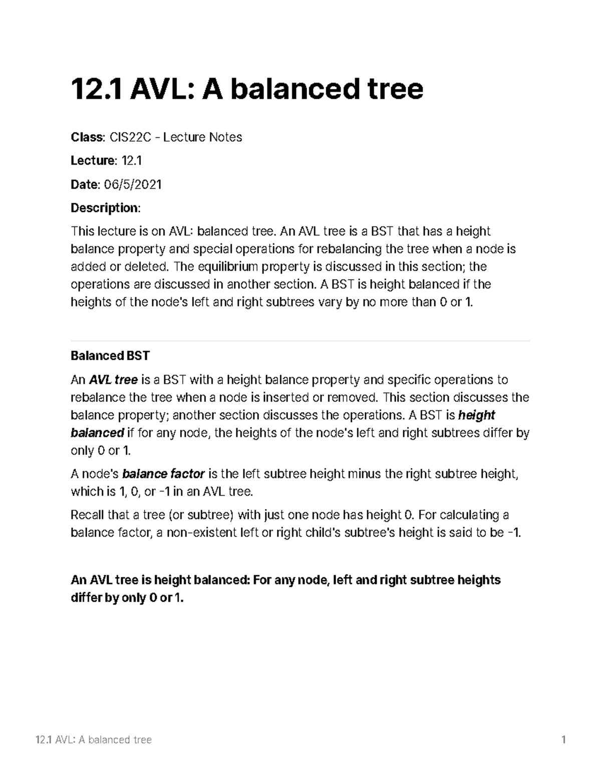 CIS22C - Lecture 12: Understanding AVL Trees and Balance Factors - Studocu