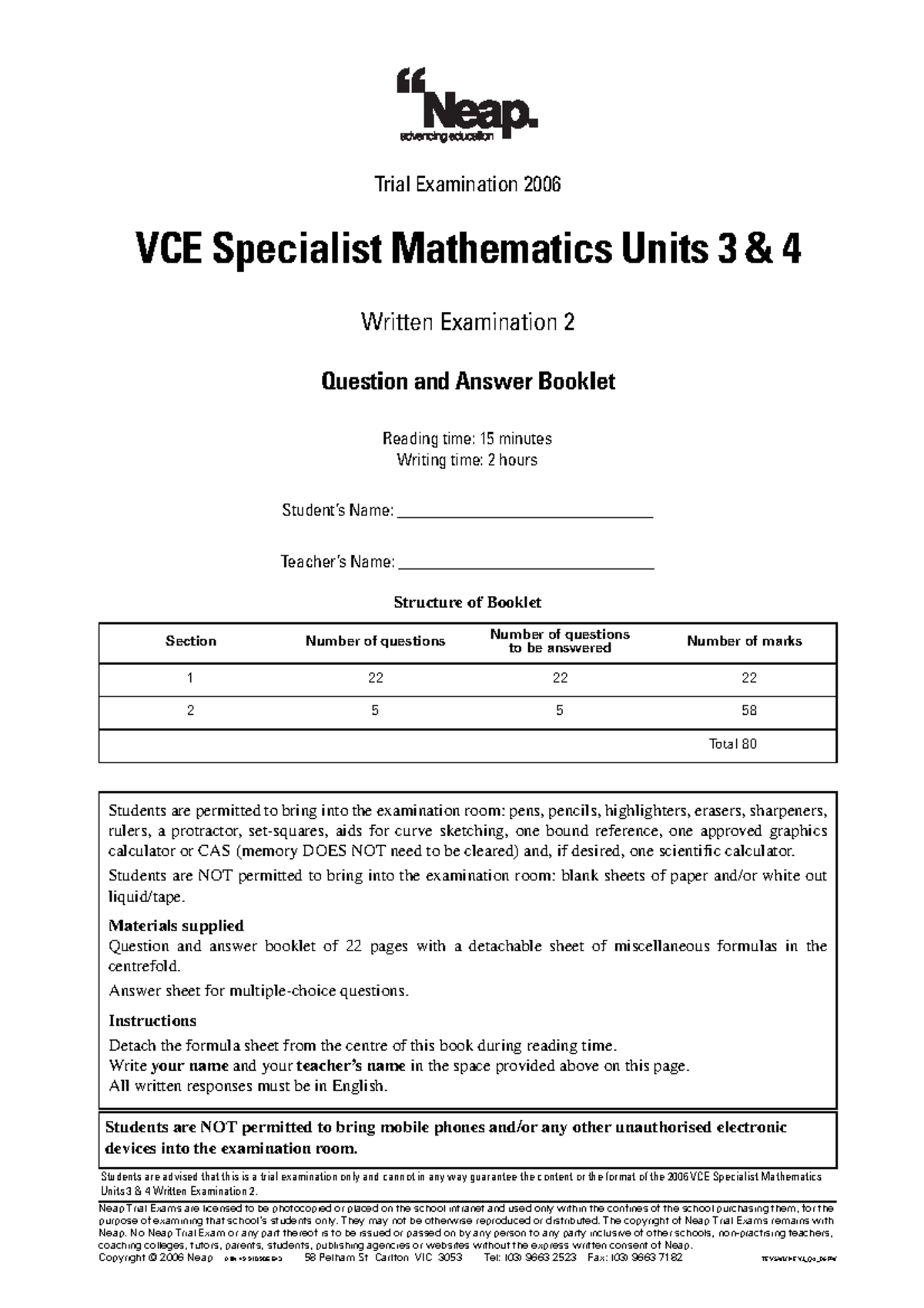 VCE Specialist Mathematics Units 3 4 Trial Exam 2006 - Exam 2 Q&A ...