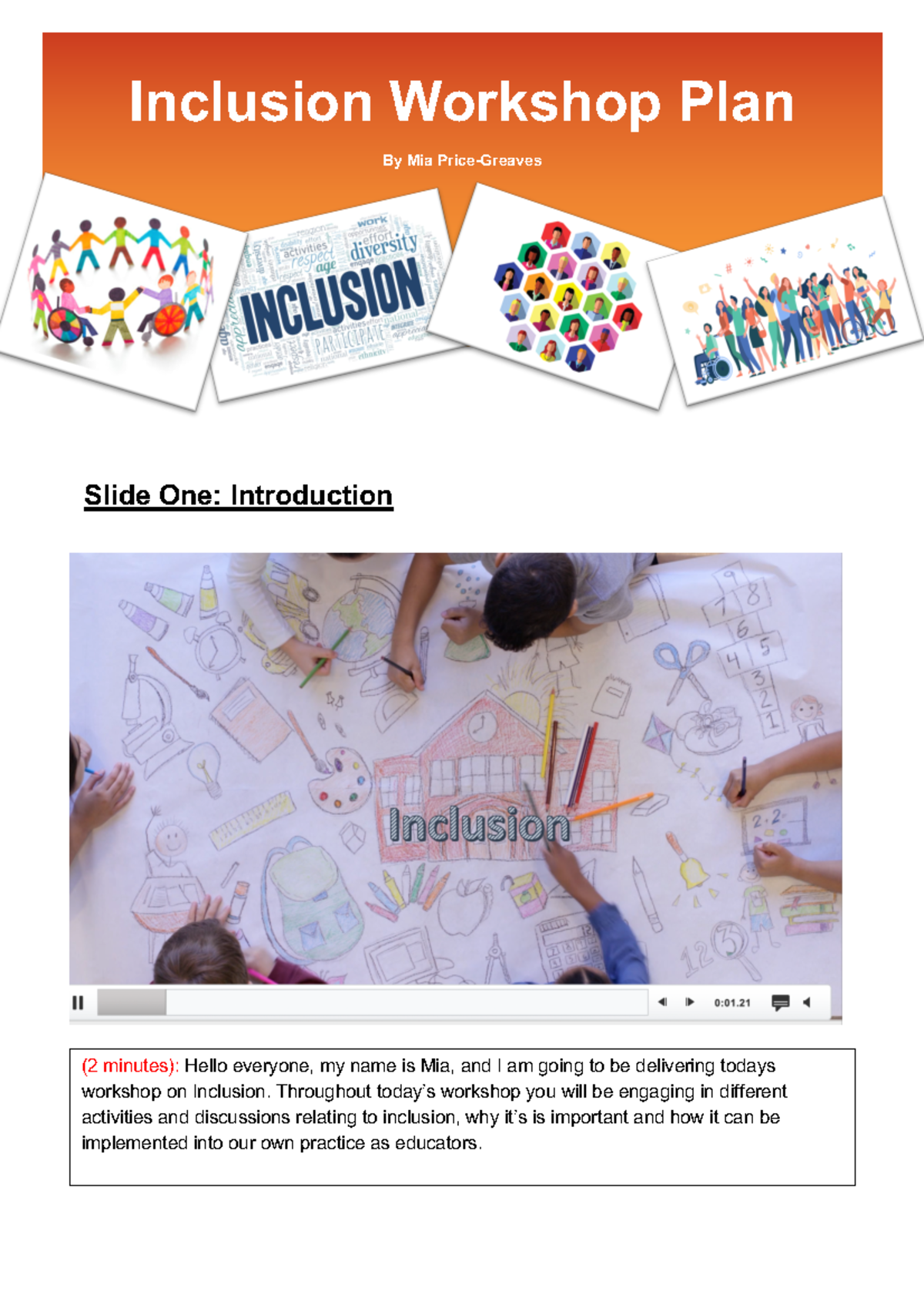 PRAC ONE - Inclusion Workshop Plan - Slide One: Introduction Inclusion ...