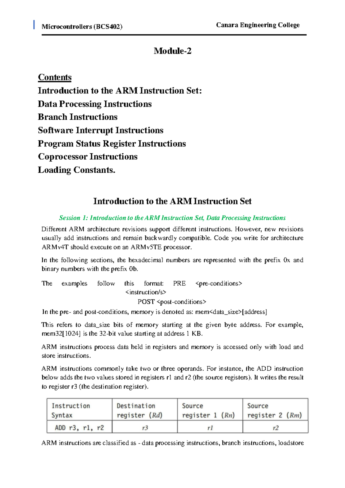 ARM Module-2 Instruction Set Notes: Data Processing & Branch ...
