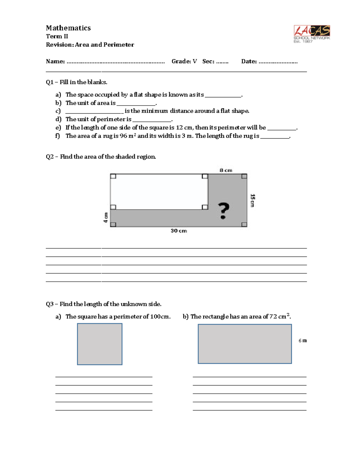 Gr-5 Math Revision: Area & Perimeter Exercises - Term II - Studocu