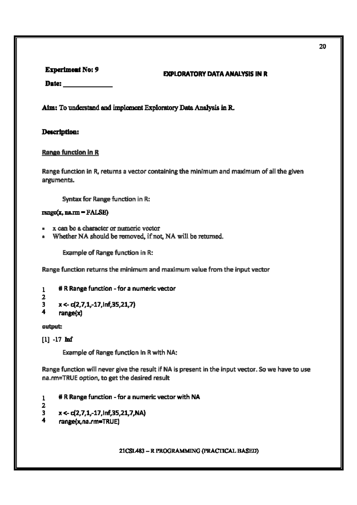 EDA - EDA - 20 Experiment No: 9 EXPLORATORY DATA ANALYSIS IN R Date ...