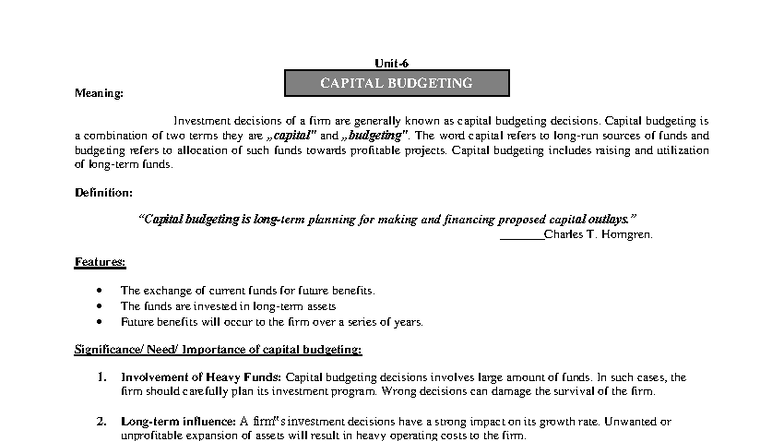 Mefa Unit-5: Capital Budgeting Concepts and Techniques - Studocu