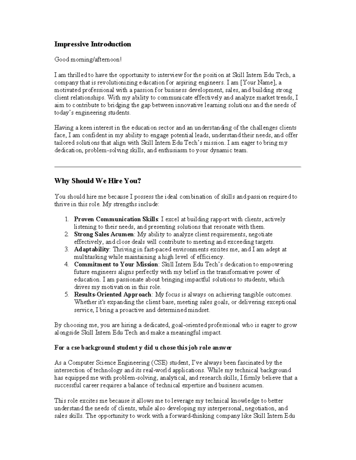 Skill intern interview - Impressive Introduction Good morning/afternoon ...